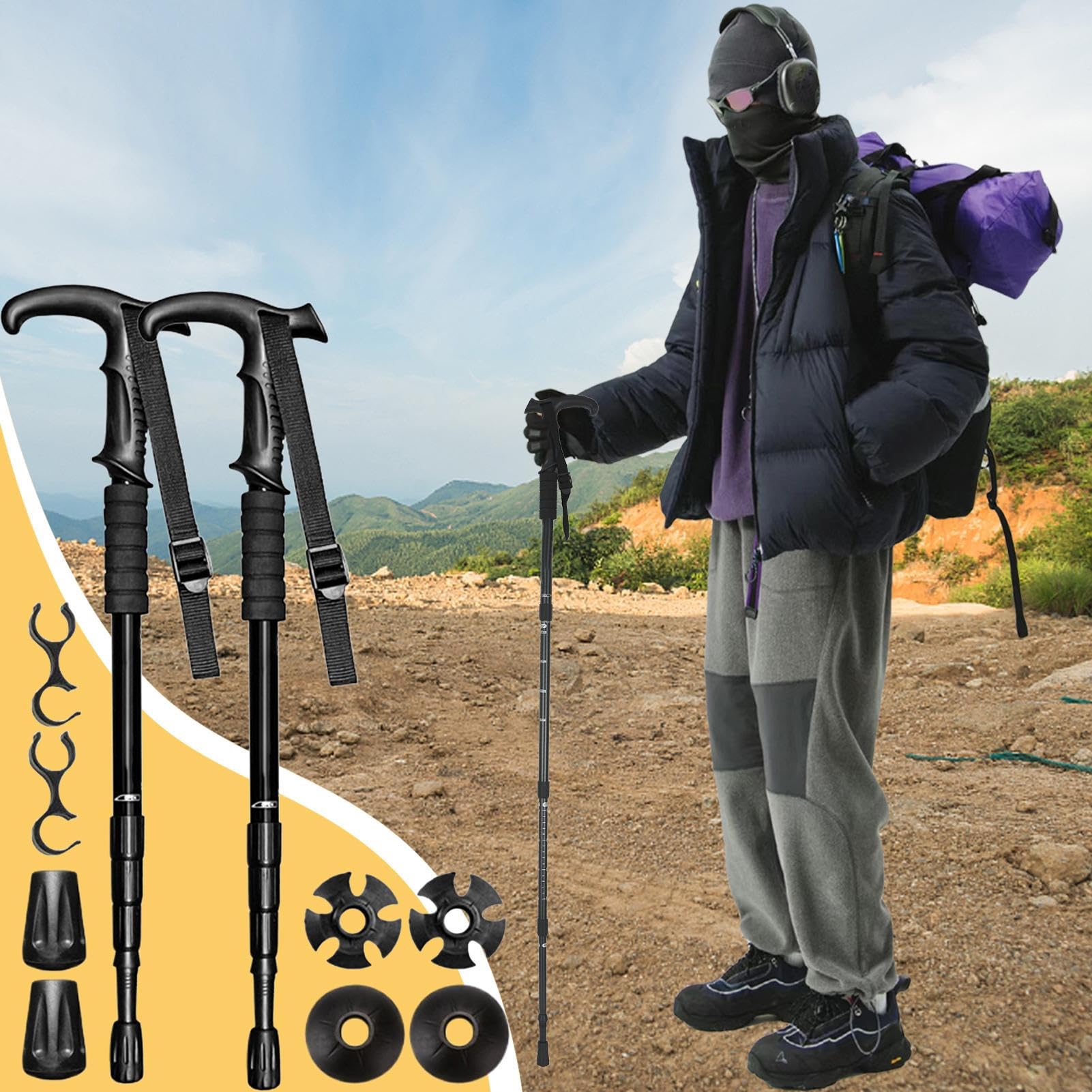 Bastoni da trekking, 2 telescopici, manico a T retrattile, con 10 e custodia, per viaggi in zaino