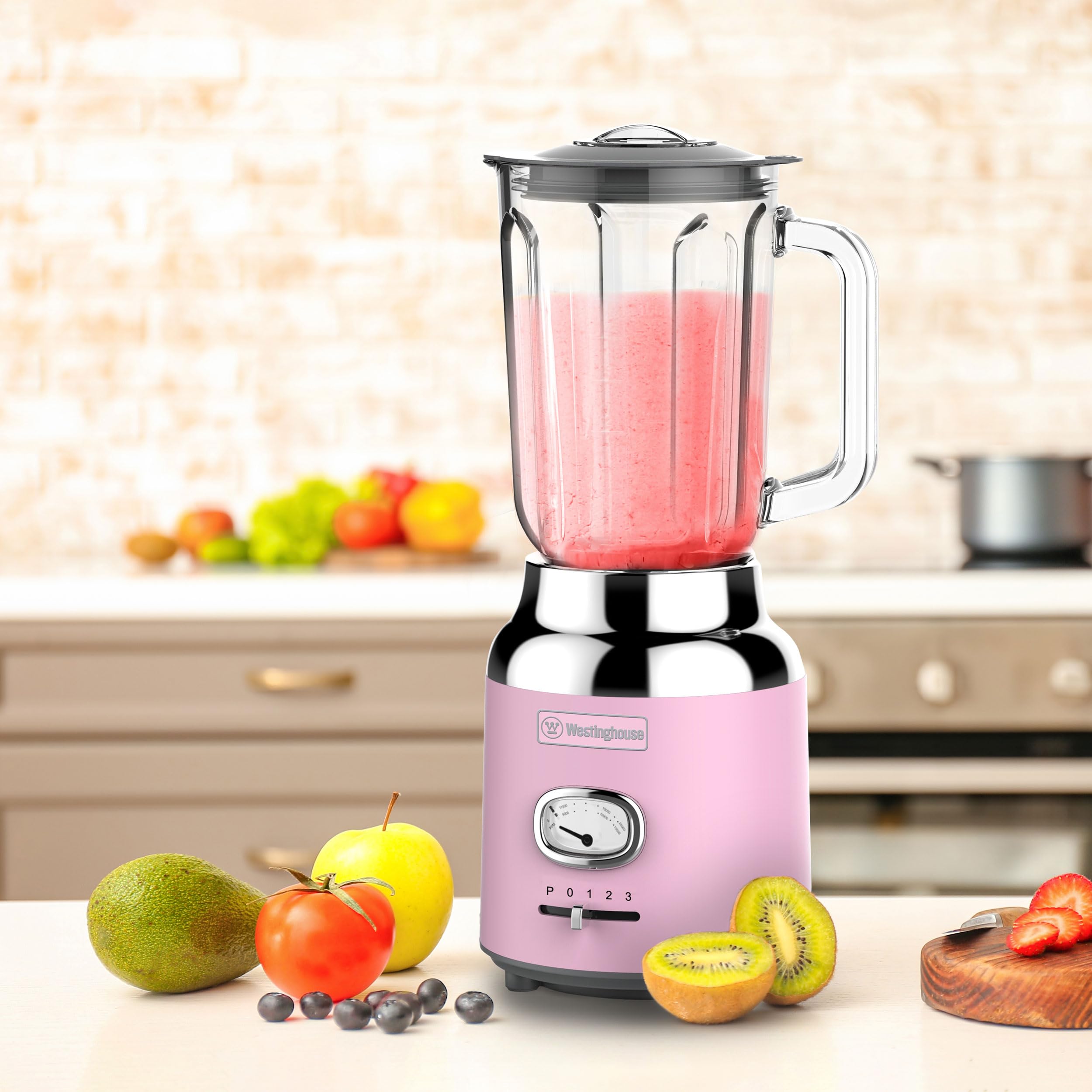 Westinghouse Mikser stojący w stylu retro, 1,5 l, do smoothie i kruszarka do lodów, 4 prędkości, szklany dzbanek, 600 W, różowy