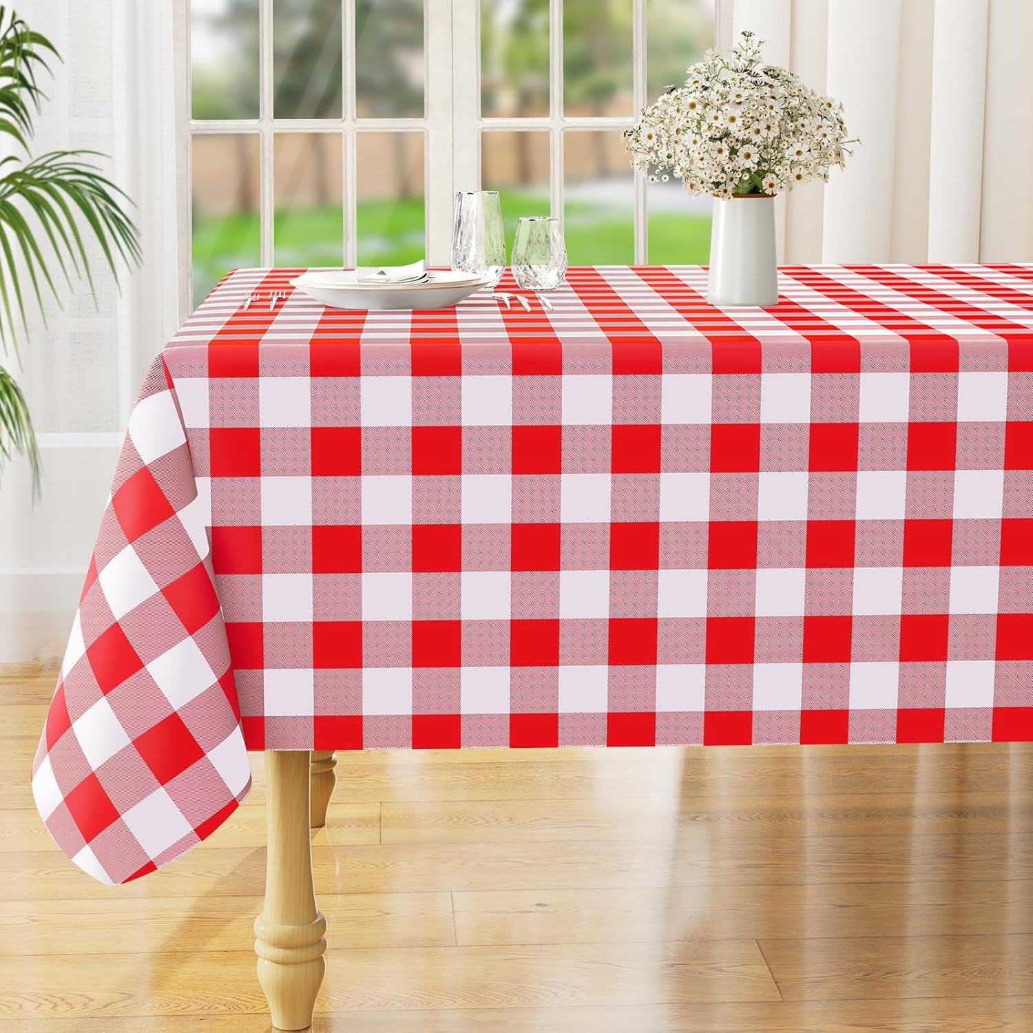 misaya Rectangle Waterproof Vinyl Table Cloth, Buffalo Flannel Backed Tablecloth, Wipeable Plastic Table Cover for Dinner, Kitchen, Outdoor (60" x 84", Red and White)