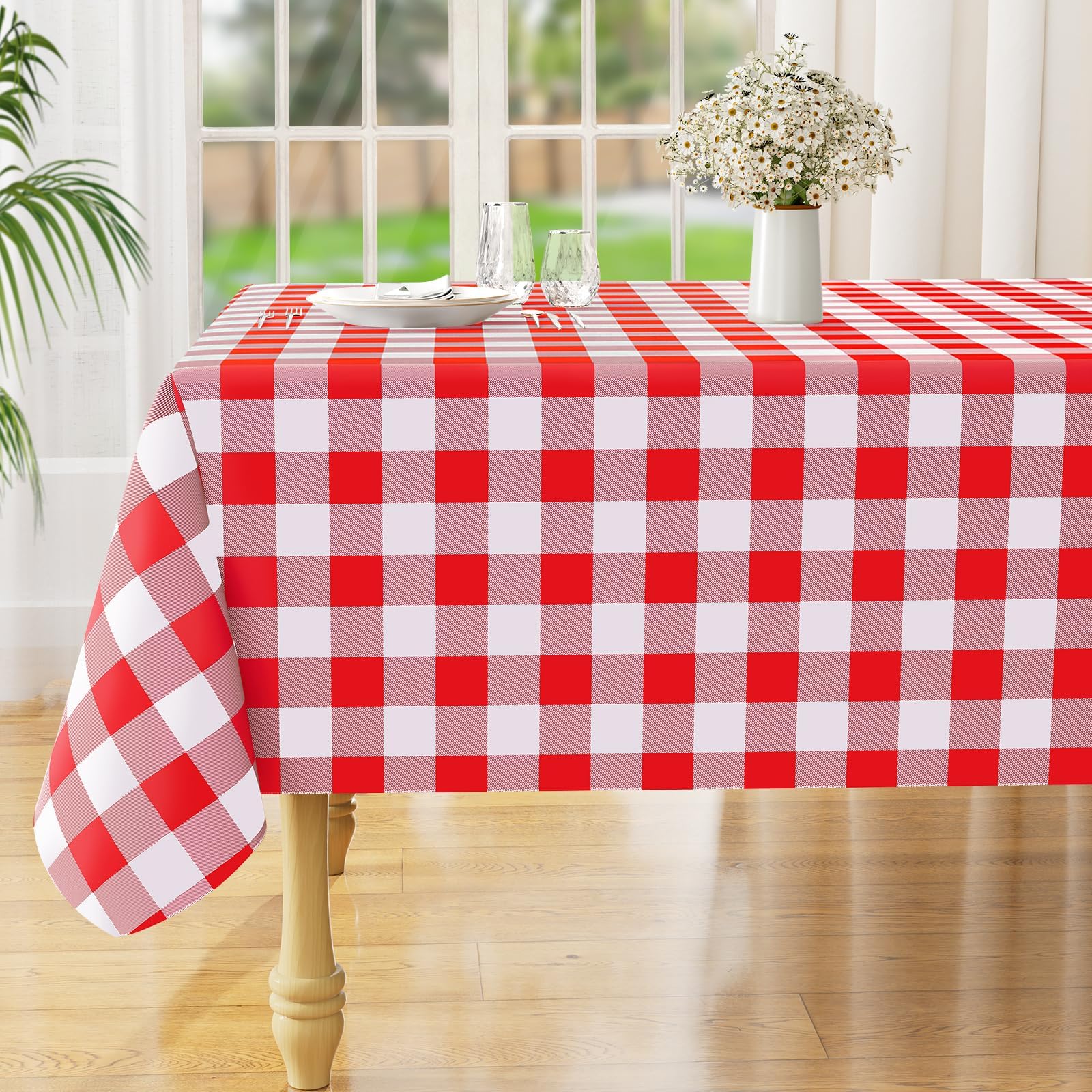 Rectangle Waterproof Vinyl Table Cloth, Buffalo Flannel Backed Tablecloth, Wipeable Plastic Table Cover for Dinner, Kitchen, Outdoor (60" x 84", Red and White)