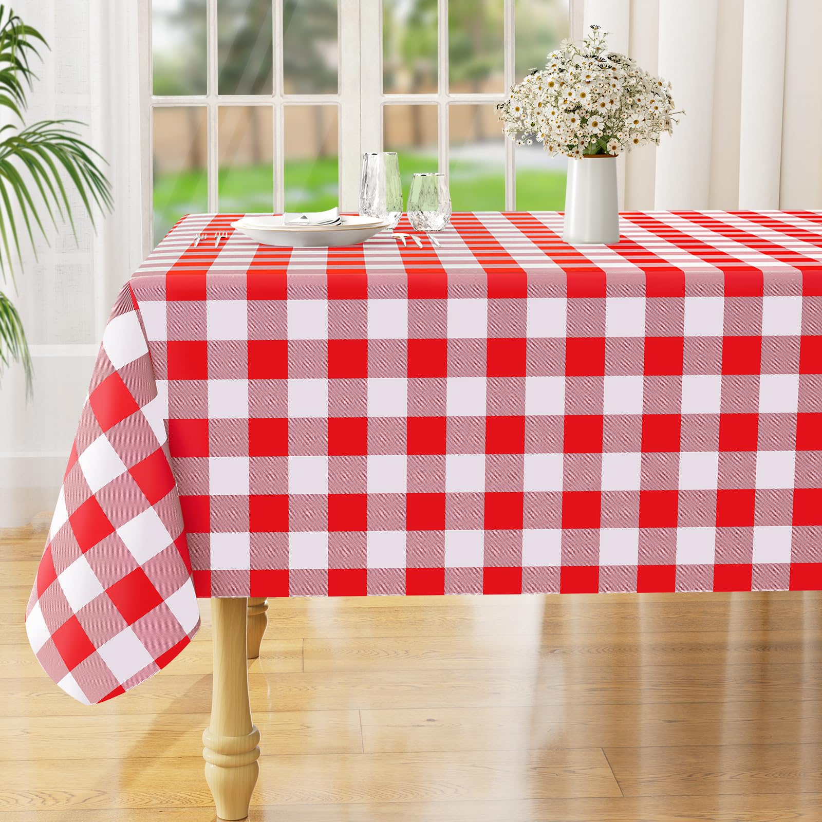 misaya Rectangle Waterproof Vinyl Table Cloth, Buffalo Flannel Backed Tablecloth, Wipeable Plastic Table Cover for Valentine's Day, Dinner, Kitchen, Outdoor (60" x 84", Red and White)