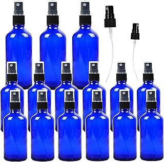 Youngever 15 Pack Empty Cobalt Blue Glass Spray Bottles Set, 3 Pack 120ML and 12 Pack 50ML, Refillable Containers for Essential Oils, Cleaning Products, Durable Black Fine Mist Sprayers