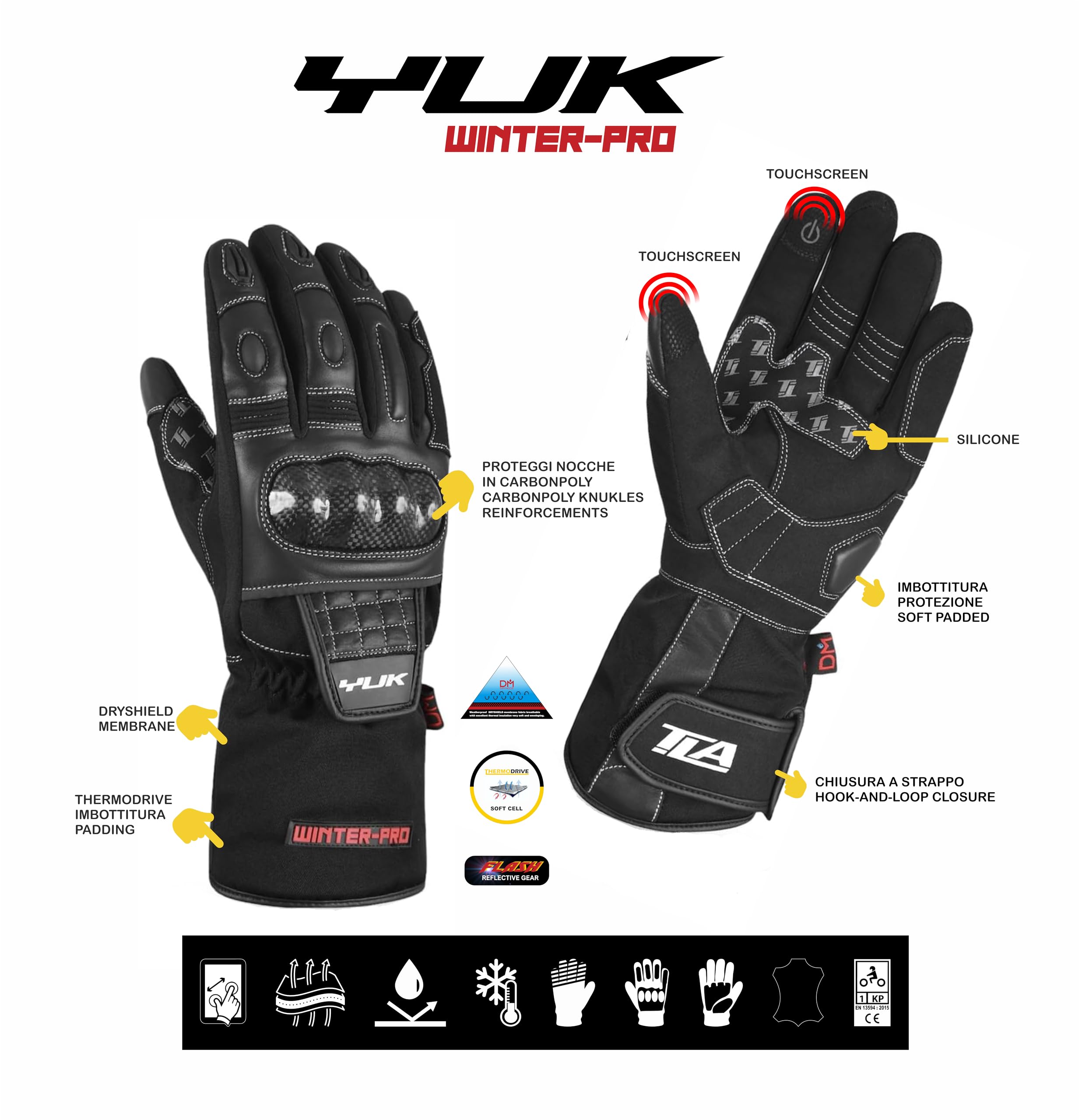 TLA YUK Guanti moto invernali impermeabili con protezioni nocche omologati CE, unisex uomo/donna, Guanti da moto e scooter, imbottitura con membrana protettiva per clima freddo.