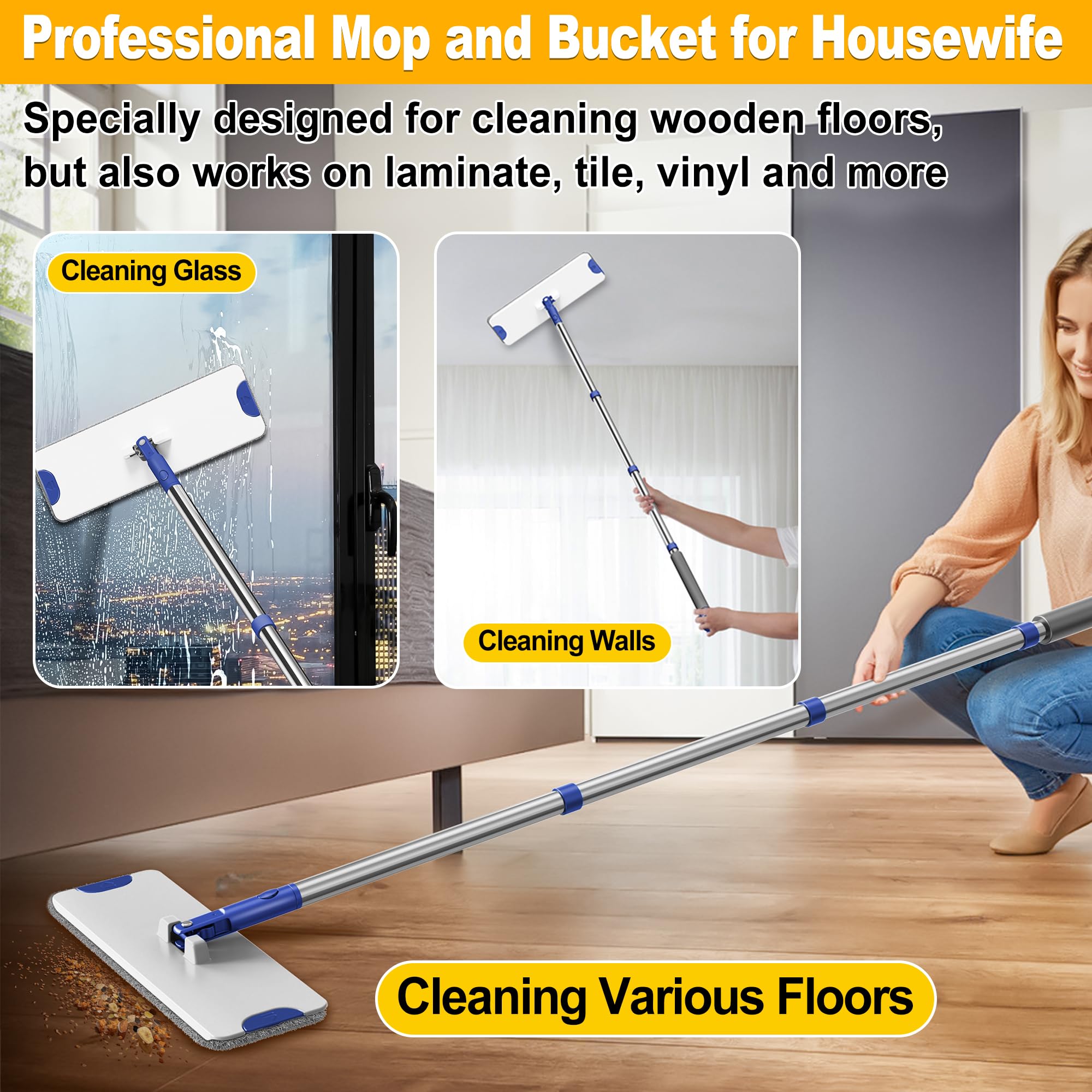 Set di mocio e secchi: testa piatta con 6 panni in microfibra riutilizzabili per la pulizia a secco e bagnato, mocio per la polvere per casa, bagno, cucina, pavimenti in legno laminato, blu