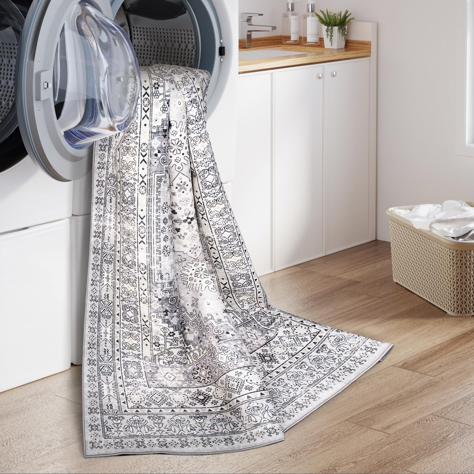 zesthome 8x10 Area Rugs for Living Room,Non-Slip Backing Washable Rugs,Vintage Large Area Rugï¼ŒStain Resistant Home Decor Rug (Light Grey,8'x10')