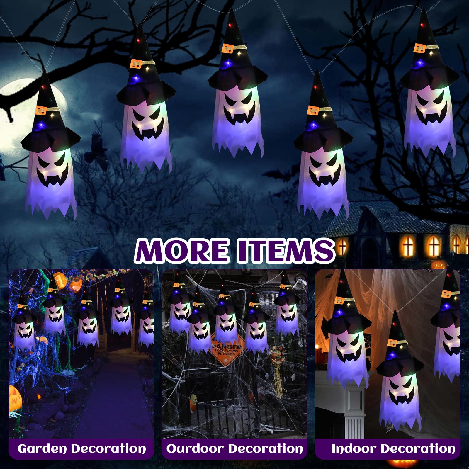 BLOOMWIN Halloween Decorazioni Esterno Horror - 2 Pezzi 1M Fantasma Cappello Strega, Halloween Decorazioni Casa Con Catena Luci LED A Batteria Per Addobbi Natalizi Autunnali Giardino Interno, Arancia