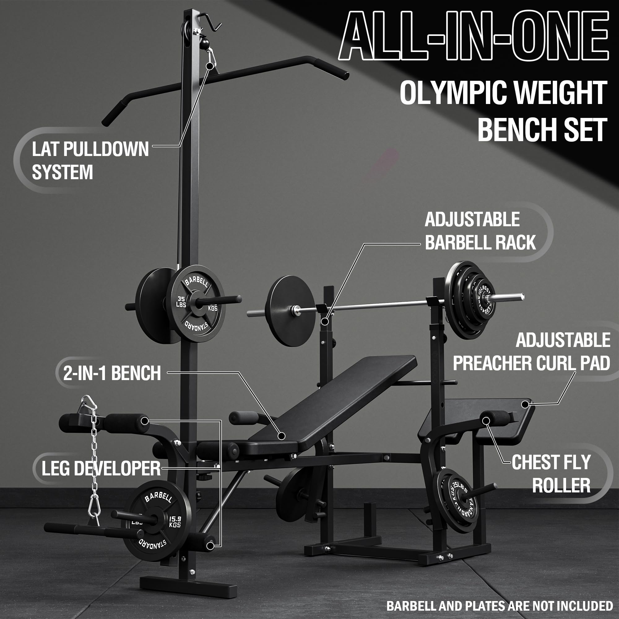 Mikolo 8 in 1 Olympic Weight Bench Set with Leg Extension and Leg Curl, Multi-Function Bench Press Set with Preacher Curl Pad and Chest Fly, Full-Body Strength Training Equipment