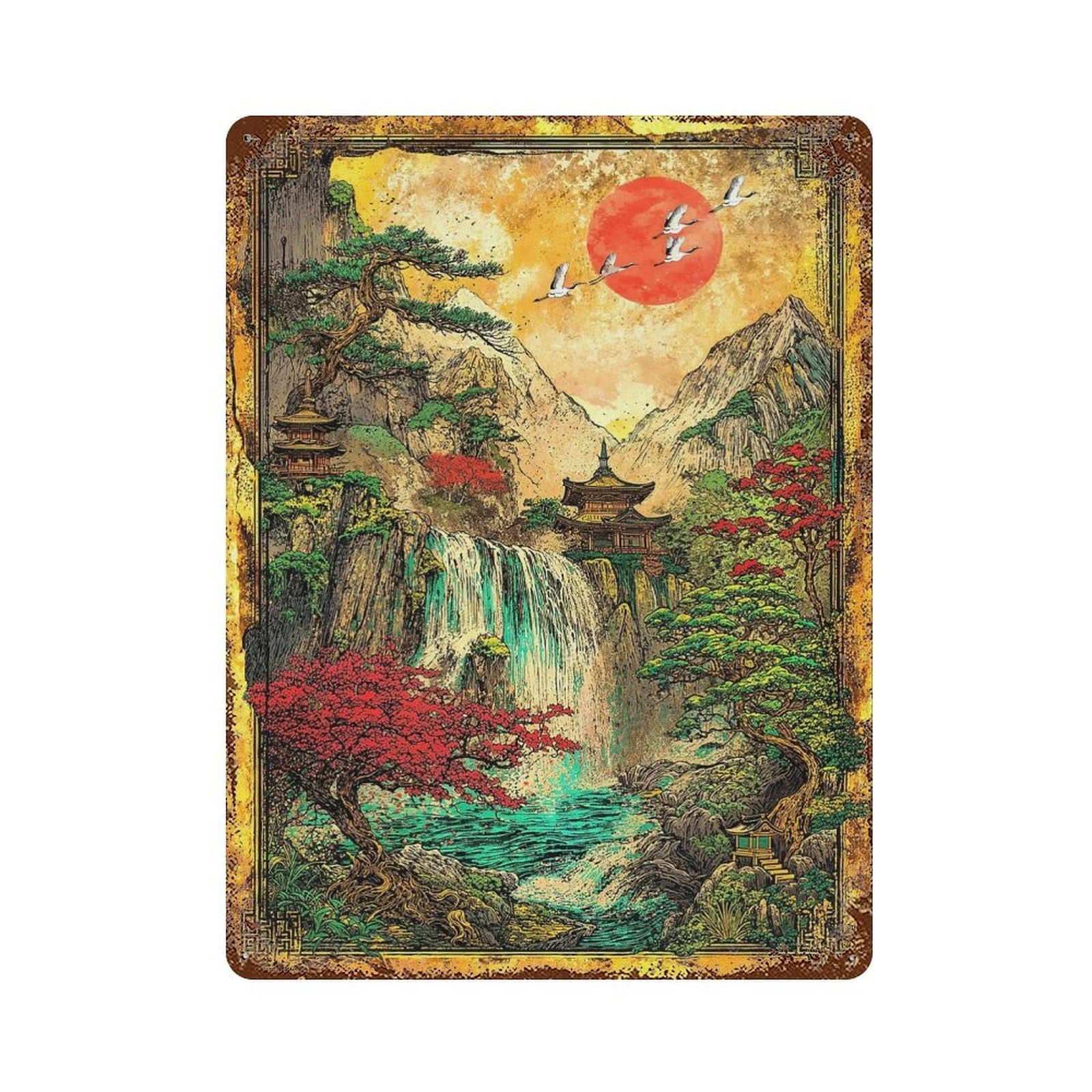 Vintage Rust Metal Sign with Crimson Sun Sanctuary Retro Art Design 15.7"x11.8", for Shed, Workshop And Garage Wall Decor, Classic Wall Plaque