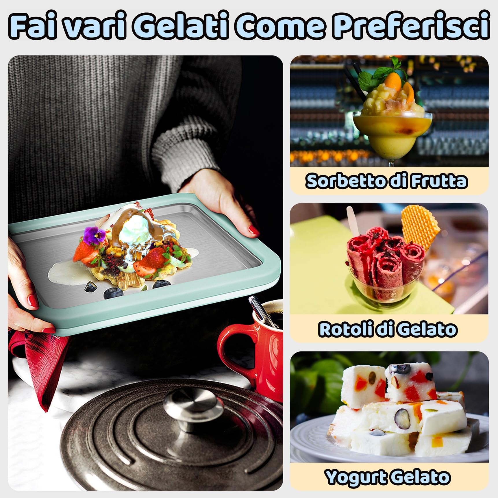 JoyMech Rolled Ice Cream Maker, Piastra Gelato Roll, Ice Cream Roll Machine, Piastra Fredda per Gelato, Dotata di 2 Spatole, Perfetta per Gelato Rotolato Fatto in Casa e Yogurt Freddo (Verde)
