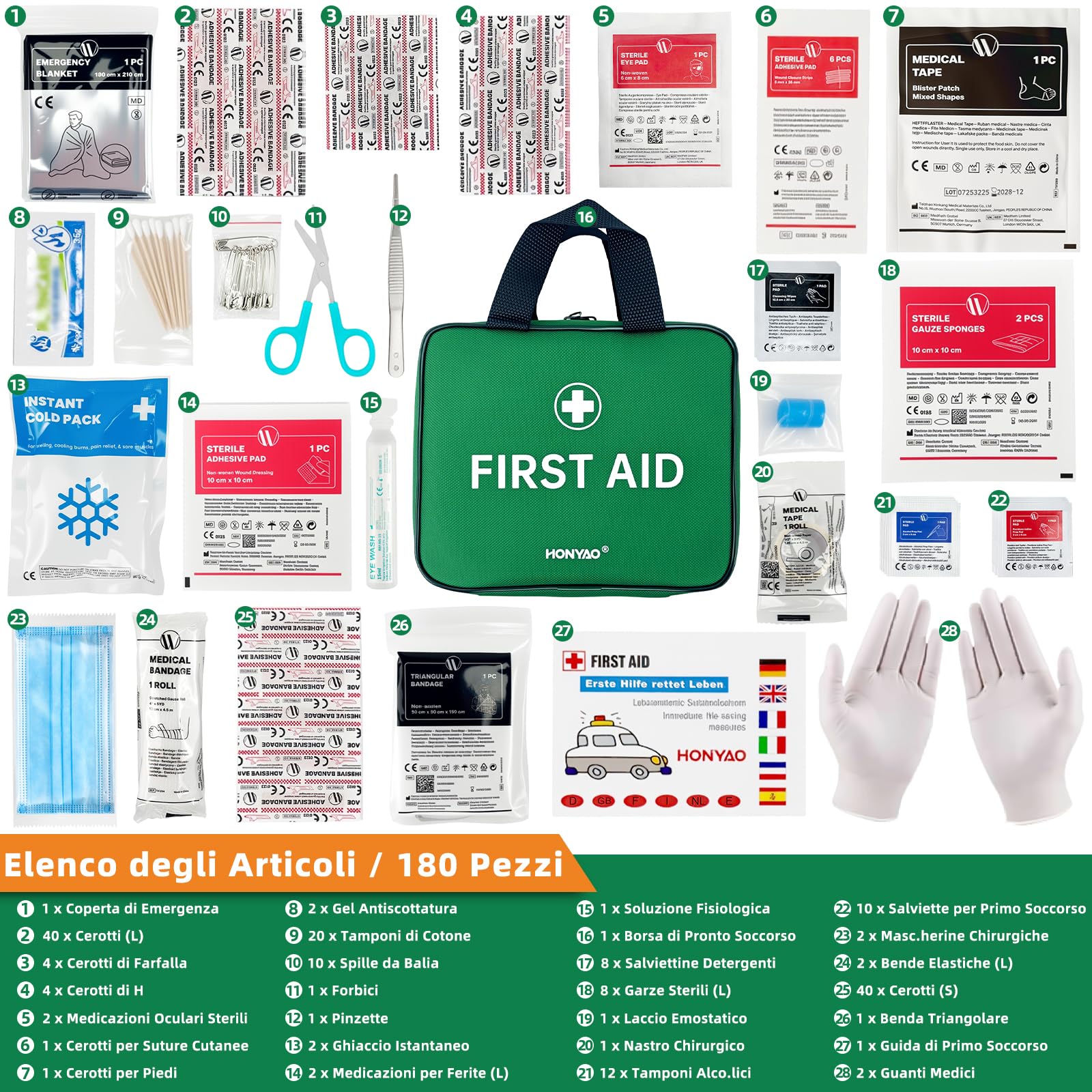 HONYAO Kit di Pronto Soccorso 180 Pezzi, Kit Primo Soccorso Completo per Casa Auto Aziende Sport Viaggio Camping Trekking Bambini, Verde
