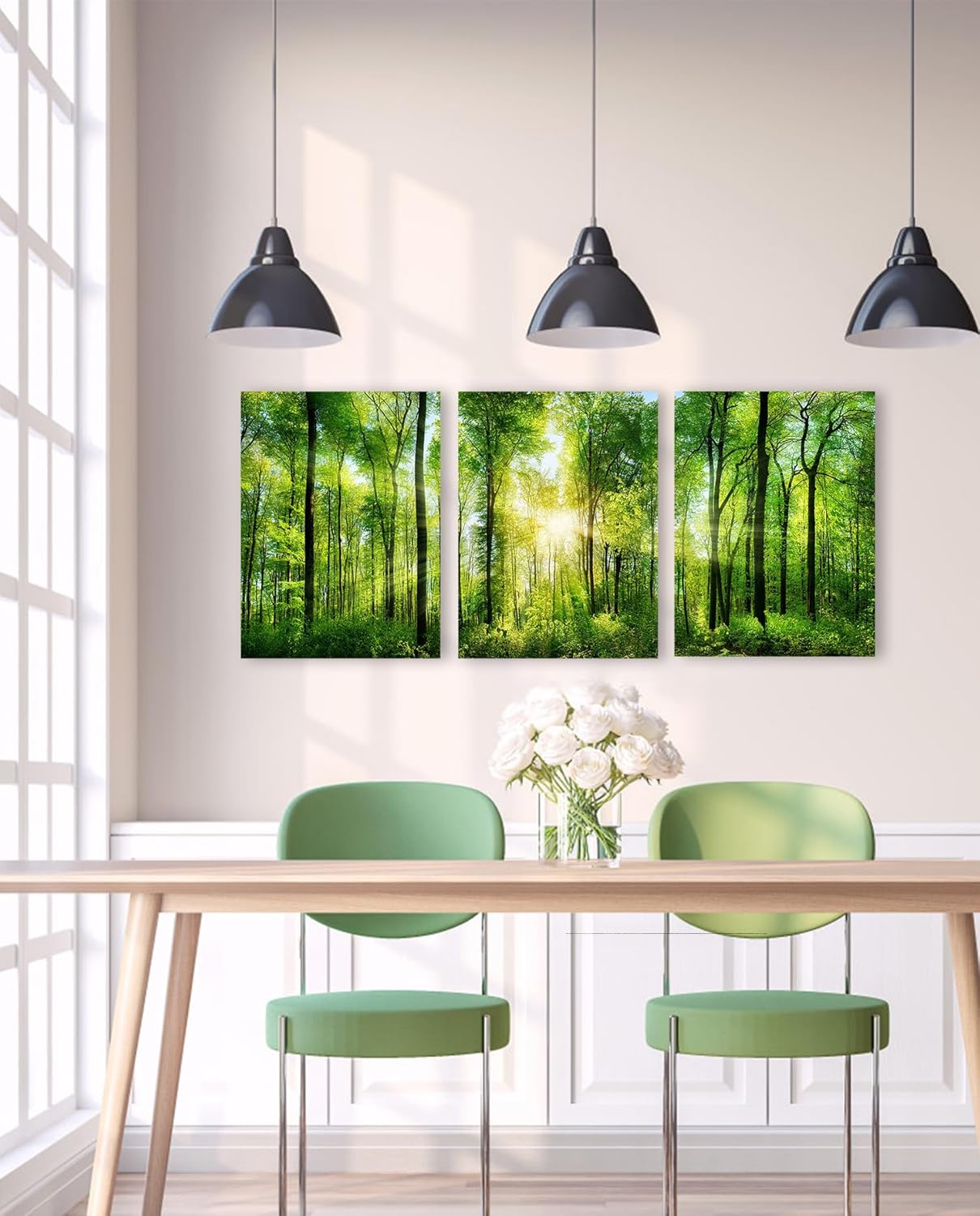 Forest Art Canvas Wall Decor: 3 Panel Nature Wall Art Landscape Paintings Framed Trees Green Pictures Sunrise Scenery Wall Decor for Living Room Bedroom Office Bathroom 12 x 16 Inch