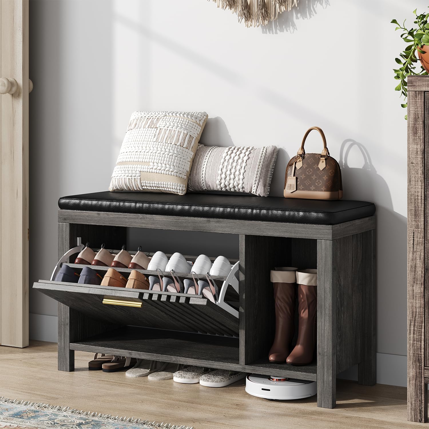 40" Shoe Storage Bench with Flip Drawers & Padded Seat Cushion, Open Compartments & Slatted Doors, Entryway Bench with Shoe Storage for Entryway, Hallway, Living Room, Bedroom, Oak Grey