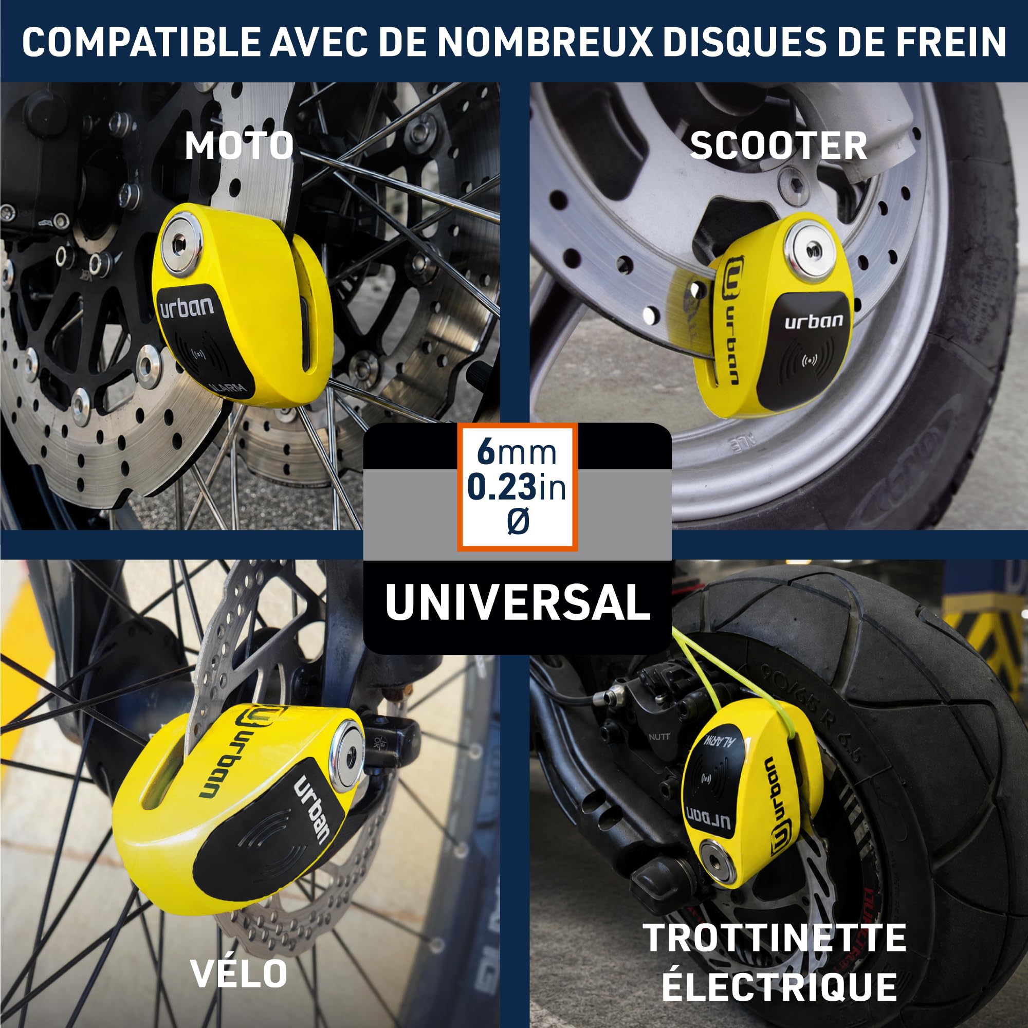 URBAN UR906Y Antivol Moto avec Alarme 120dB Hi-Tech X2 ON, Module Remplaçable Imperméable, Pile CR2, Câble Rappel, Antivol Pince Frein 6mm Universel pour Motos Scooters Vélos Électriques Trottinettes