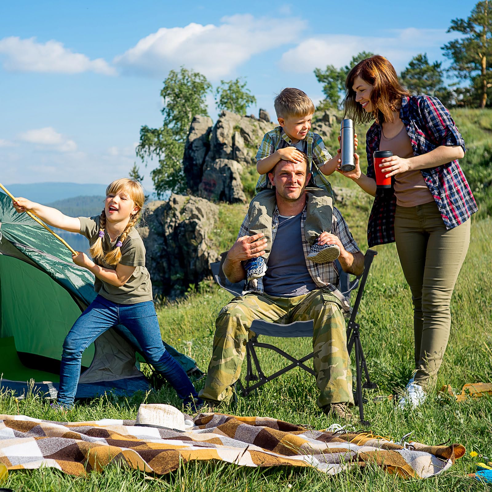 GOPLUS Chaise de Camping Hamac Portable, Chaise à Bascule Balancelle 90-150° avec Siège Rembourré et Appui-Tête, Dossier Réglable, Porte-Gobelet, Pliable pour Camping, 88 x 71 x 90 cm (Bleu)