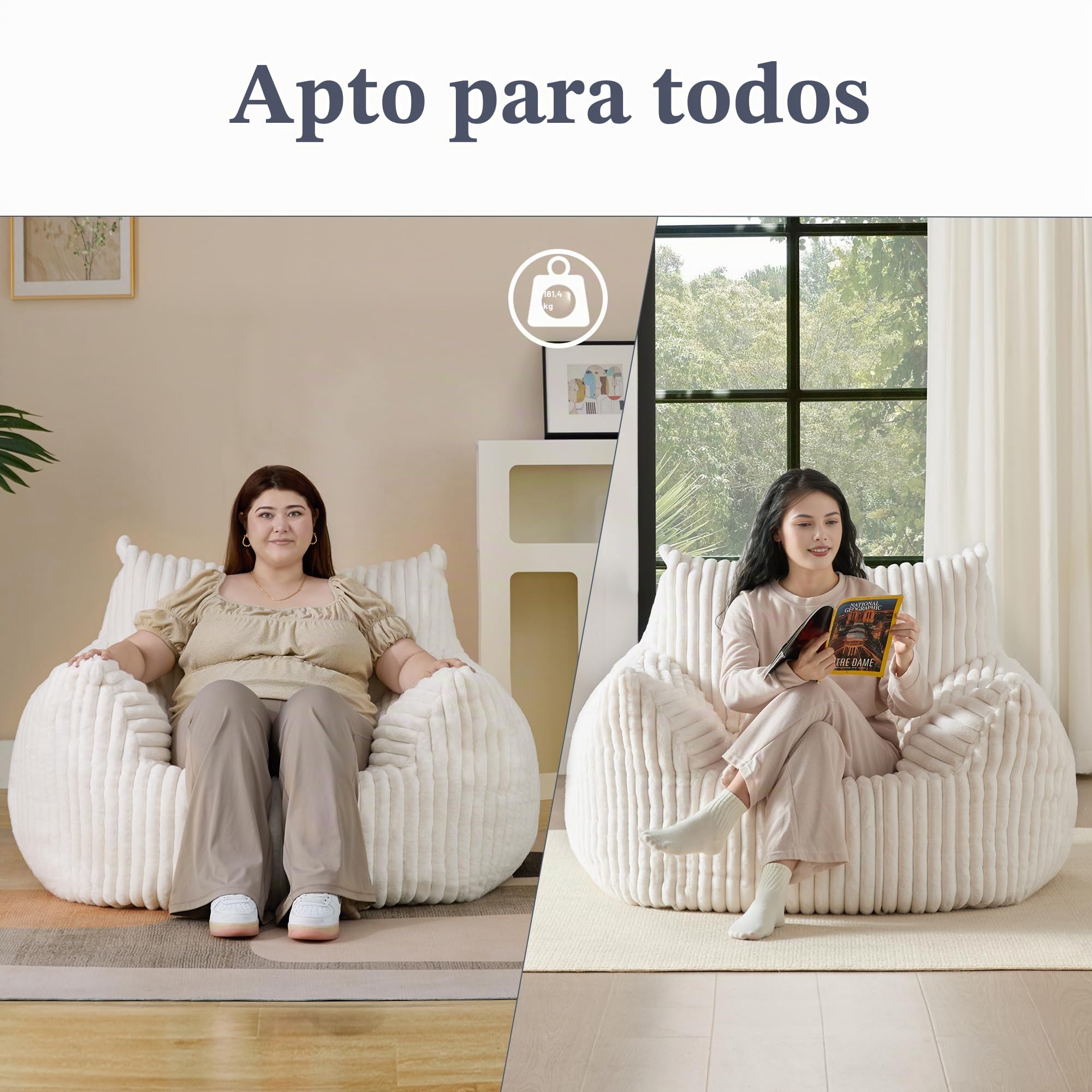 Puf gigante de felpa para adultos con reposabrazos, cómodo puf beige de gran tamaño para sala de estar, dormitorio y dormitorio, mini sofá acogedor y esponjoso de nube individual