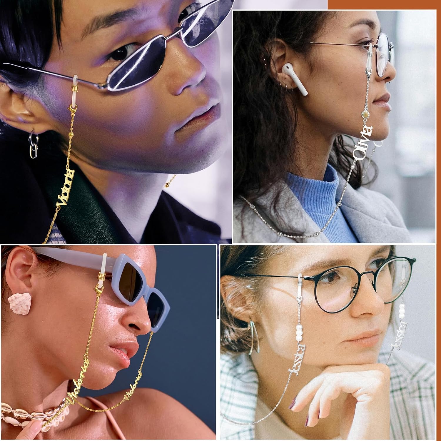 INBLUE Personalized Eyeglasses Chains with Name Custom Glasses Lanyard with Pearl/Birthstone for Mask Sunglasses for Women