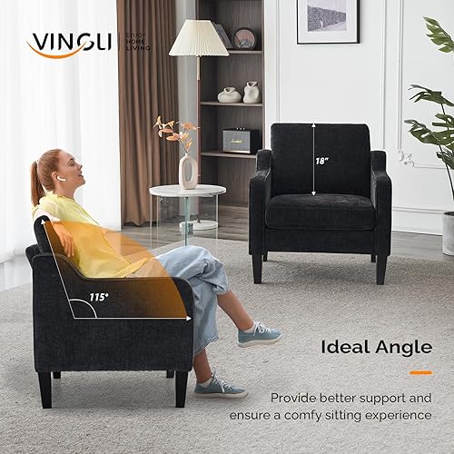 Miniatura 4 de VINGLI Juego de 2 sillas de sala de estar, silla decorativa negra de 5.5 pulgadas de grosor, cómoda silla auxiliar de felpilla suave, silla con