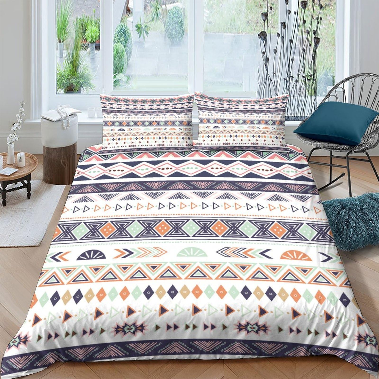 GPLZQXKJNH 3D Printed Boho Geometric Duvet Cover Microfiber Soft Ethnic Aztec Bedding Set with 2 Pillowcases for Bedroom Decor Single（135x200cm）