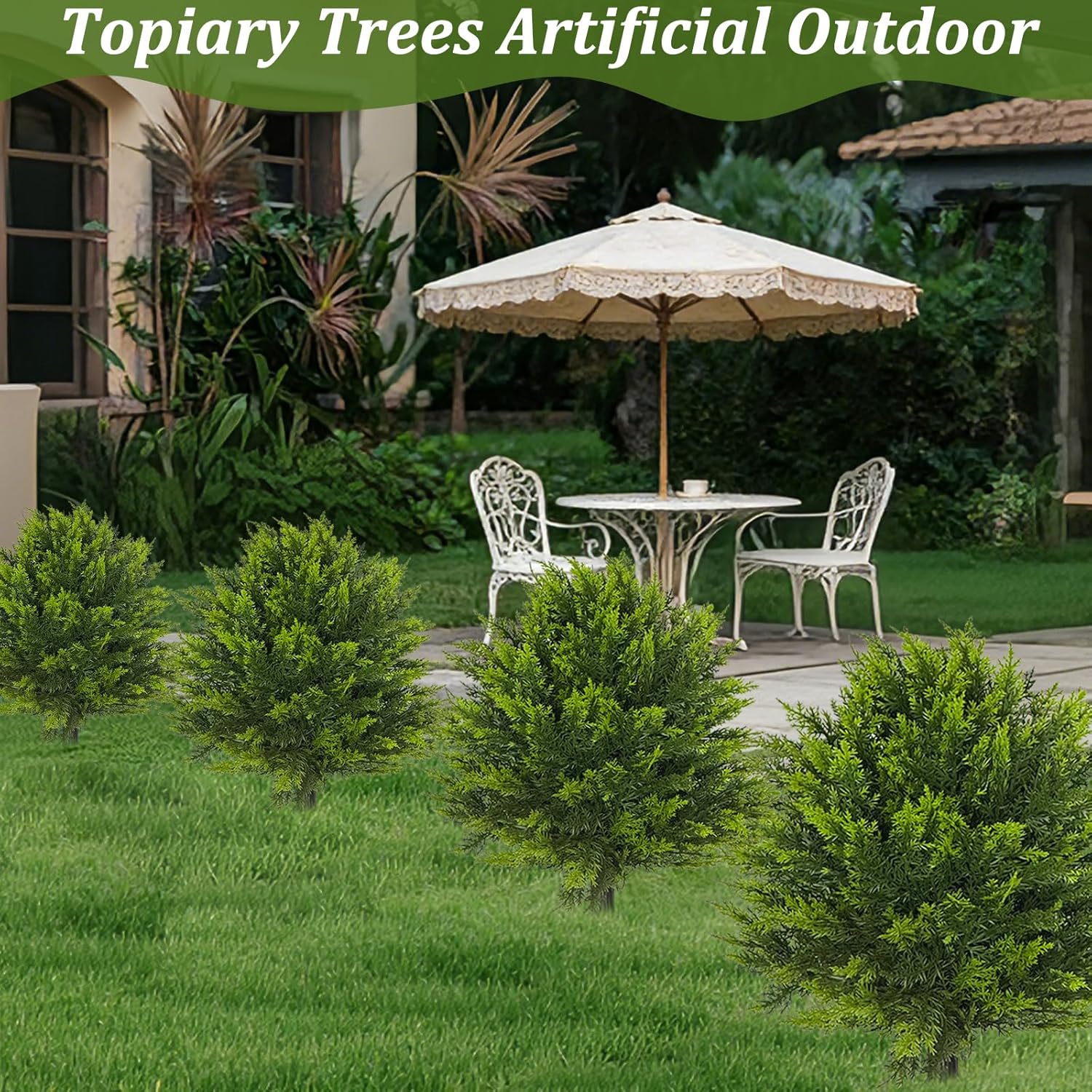 2 Pack Artificial Topiary Ball Tree with Spike Soft Cypress Realistic Faux Cedar Pines Spring Trees UV Rated Fake Shrubs for Spring Pot Fillers Front Door Porch Indoor Outdoor Decor