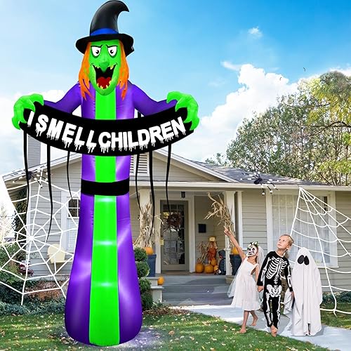Miniatura 6 de TURNMEON Guirnalda inflable gigante de Halloween de 8 pies, decoración al aire libre, bruja aterradora sostiene el olor de los niños, luces LED para
