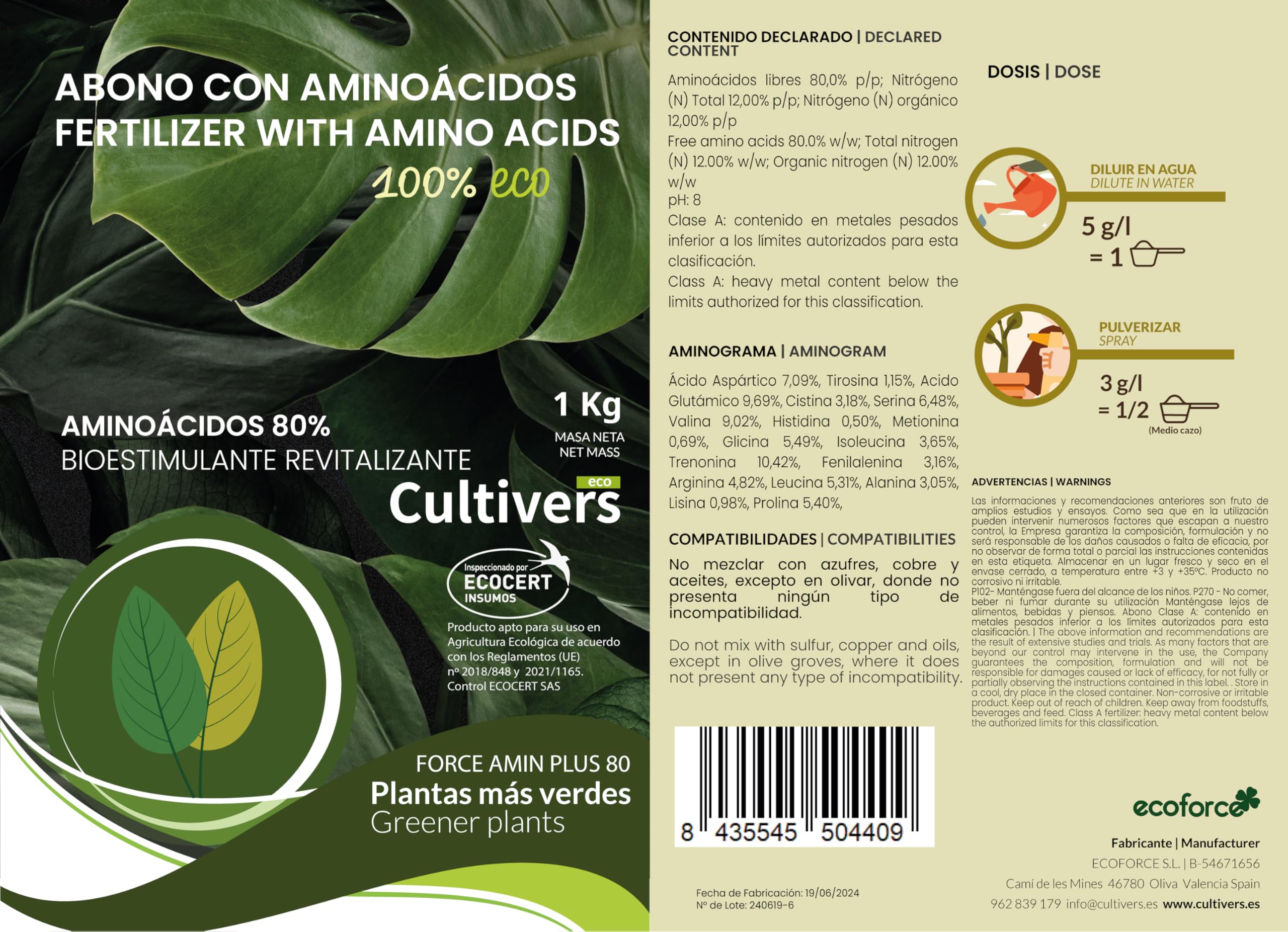 CULTIVERS Abono Aminoácidos 80% 1 kg Ecológico Fertilizante Plantas Huerto y Jardín