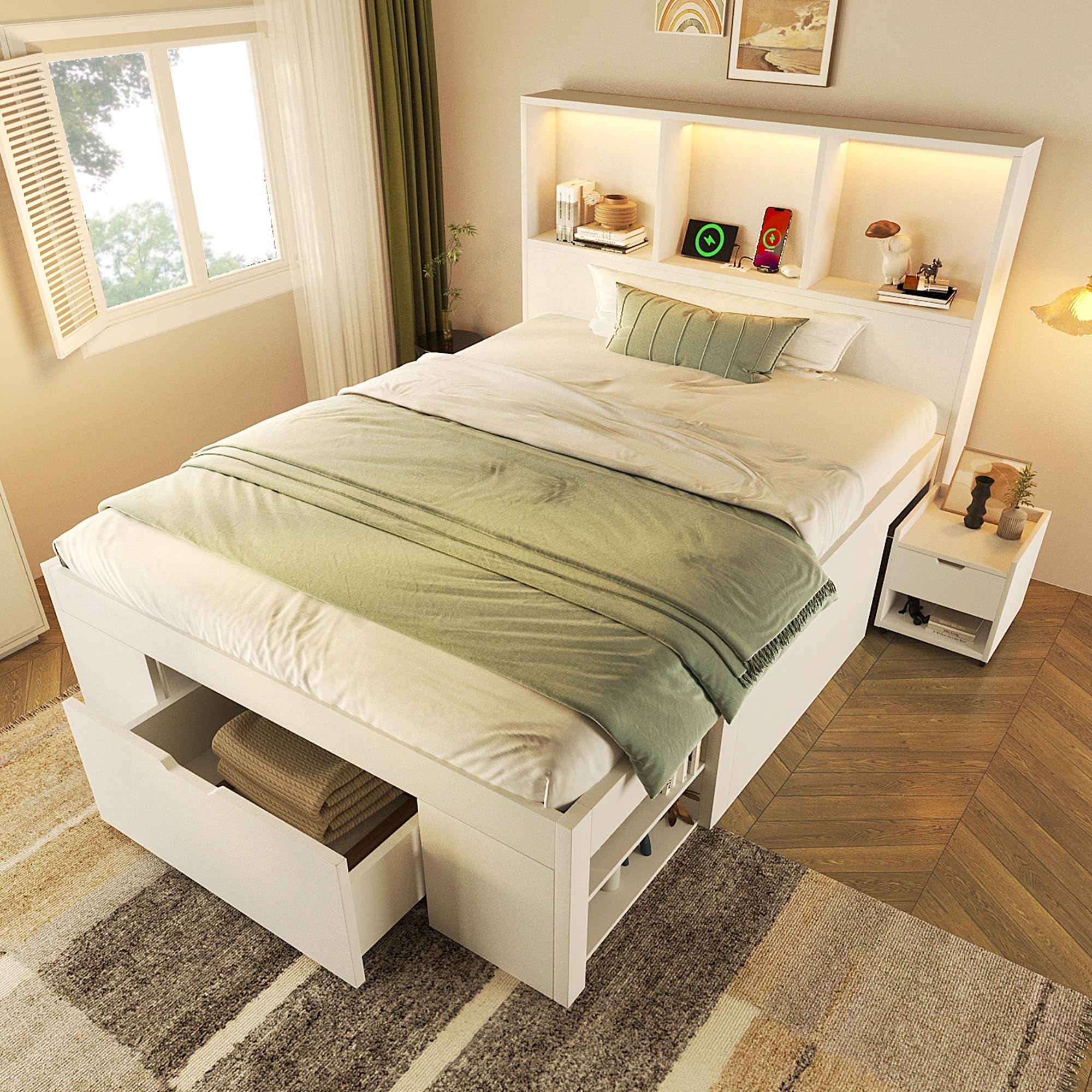 Cama infantil individual 90x200 cm de madera blanca con cajones y estantería integrada