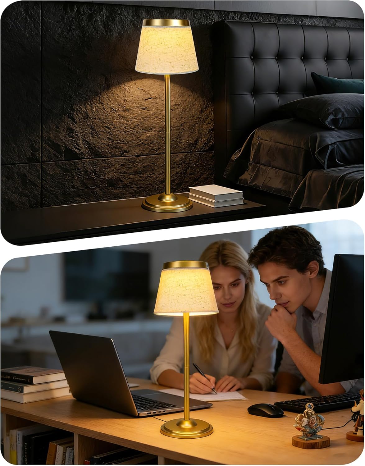 2 Pack Gold Cordless Table Lamps Rechargeable,Battery Operated Table Touch Portable LED Battery Powered Table lights 5000mAh Three-Color Stepless Rust-Resistant Dimming for Reading Bedroom Desk Dining