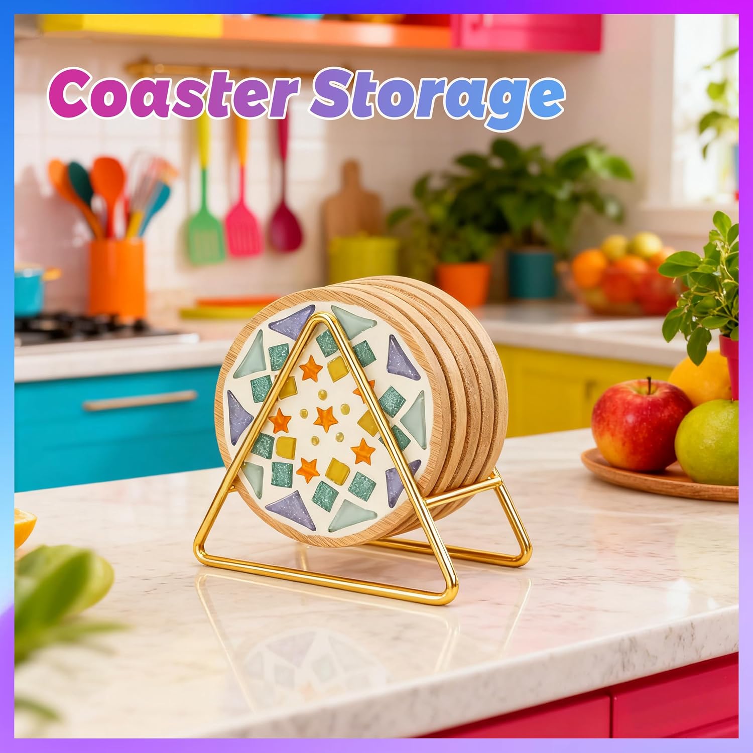 Joyclub Triangle Coaster Holder 4.3 Inch Gold Iron Metal Coaster Organizer Stand for Storage of Round and Square Coasters Fit 5 Piecies