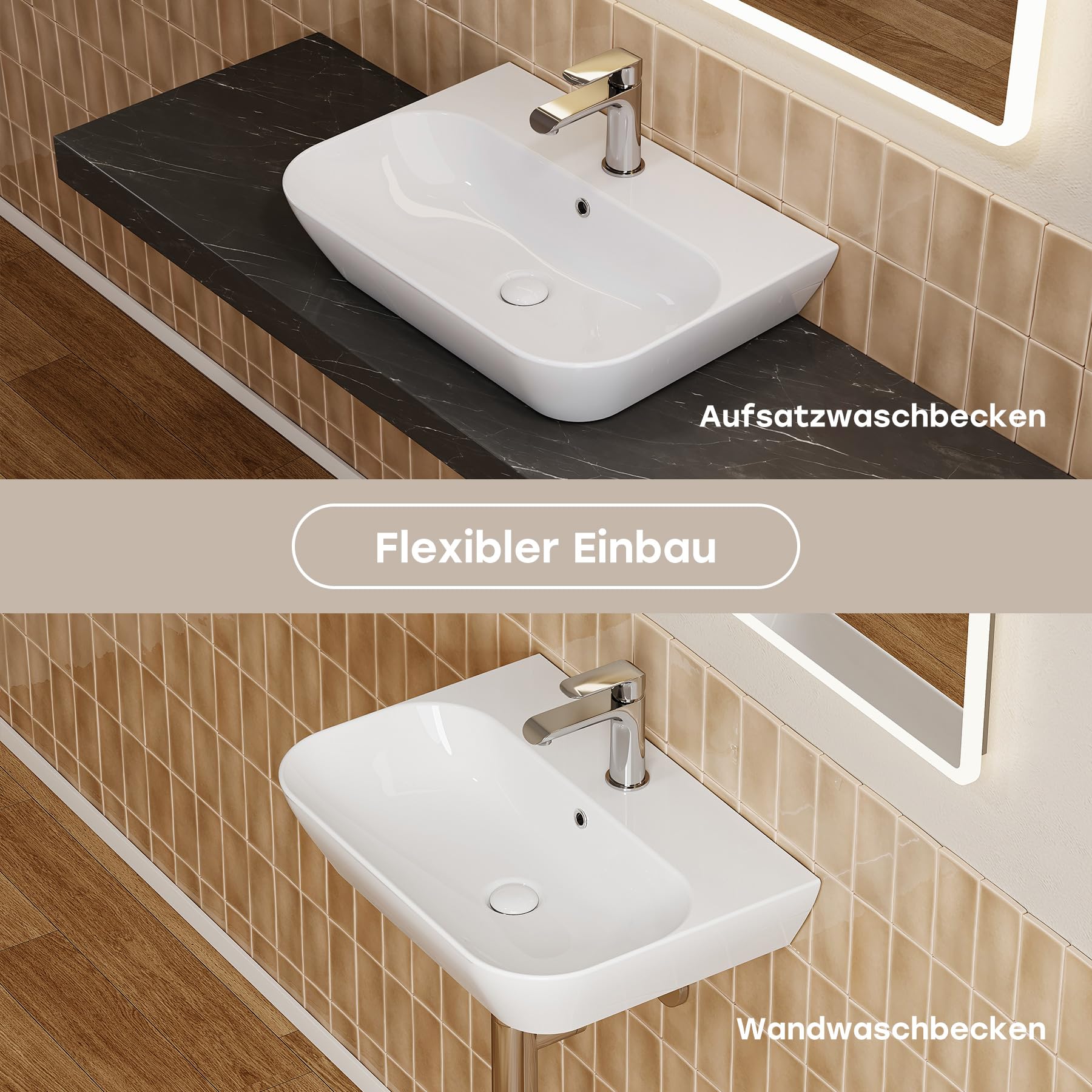 HOROW Waschbecken Bad Weiß für Kleines Bad & Gäste-WC Aufhängung 28 cm | Hängewaschbecken 56×40 cm Aufsatzwaschbecken Keramik mit Überlauf und Hahnloch 28 cm Lochabstand ohne zusätzliches Bohren
