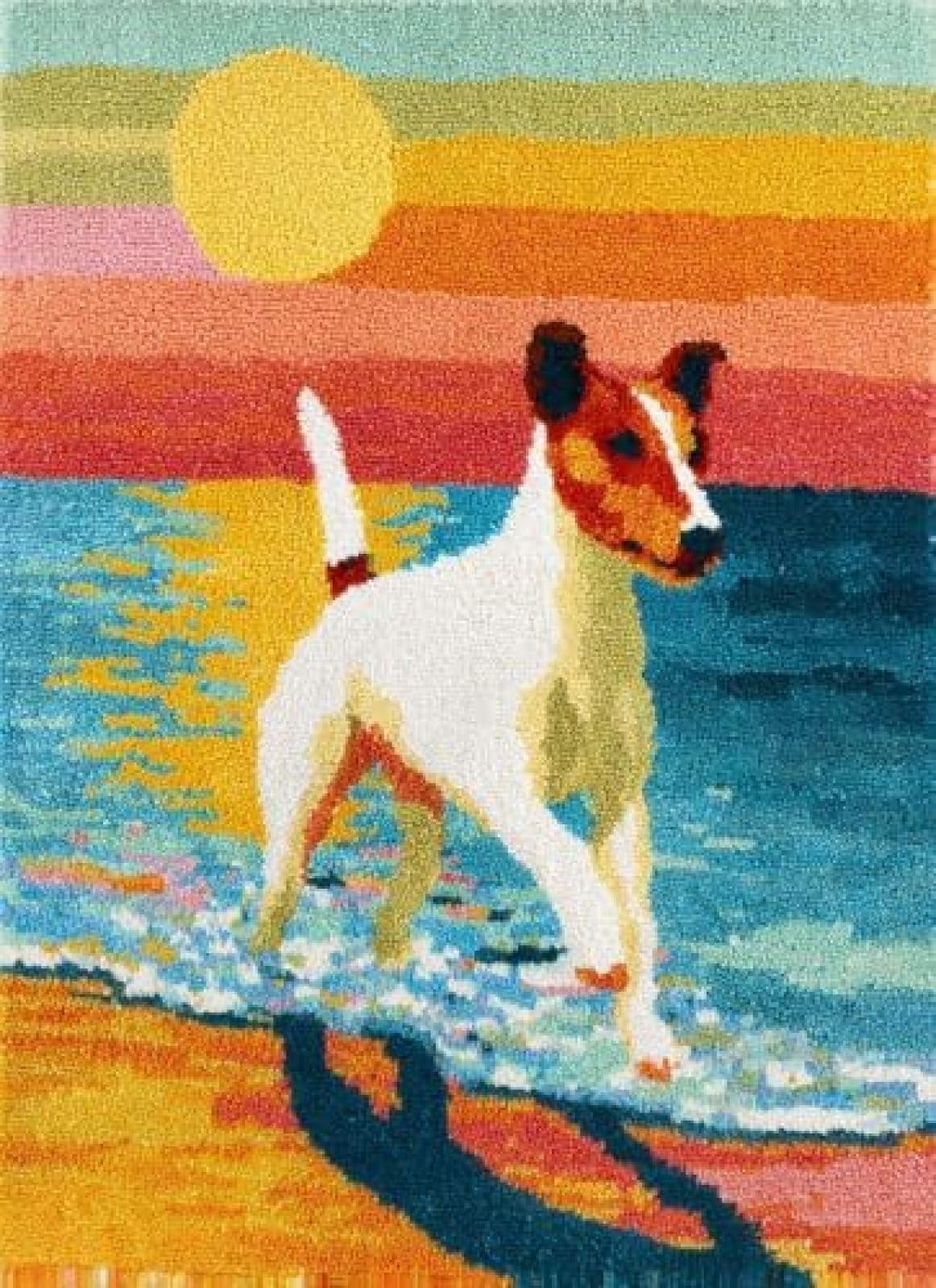 XDEGHUANGSS Latch Hook Rug Kit Fox Terrier Dog Swimming Seaside 38x52cm