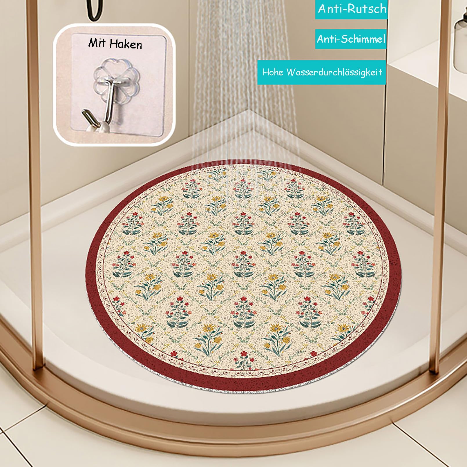 Alfombrilla de ducha redonda de PVC, antideslizante, suave, con gancho, sin BPA, antimoho, de secado rápido, altamente permeable al agua, 90 x 90 cm