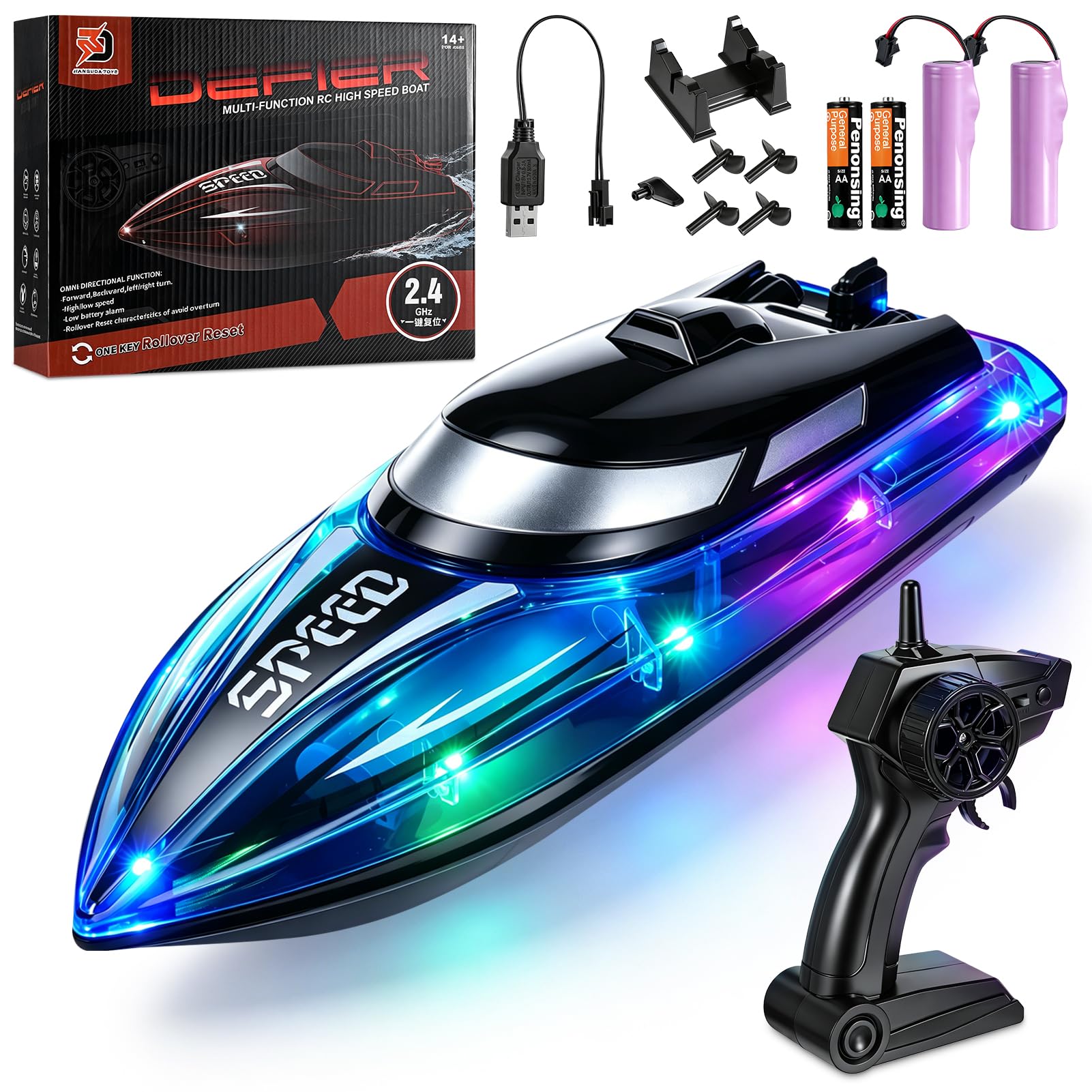 Barco Teledirigido para niños y Adultos, 2.4 GHz Barco de Control Remoto con luz RGB, Barco eléctrico Alta Velocidad 20 km/h Hélices Dobles Autoadrizable lanchas de Carreras para Piscinas Lagos