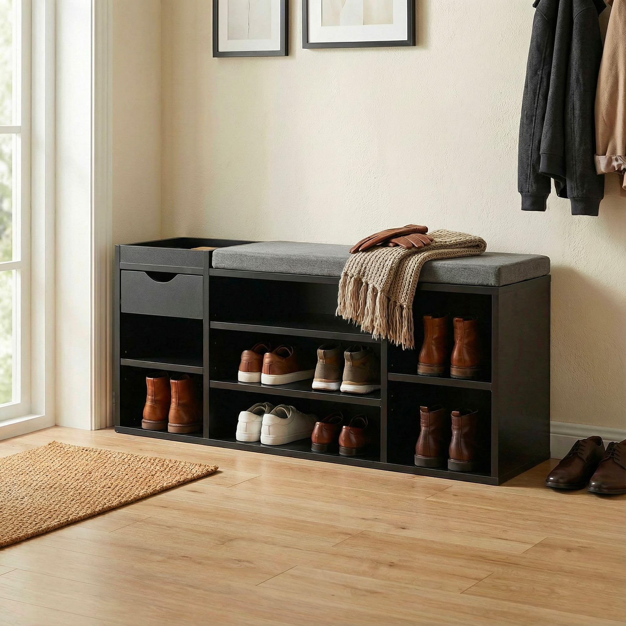 FineBuy Ławka na Buty 100x30x45 cm Czarna Szuflada i Poduszką na Siedzisko