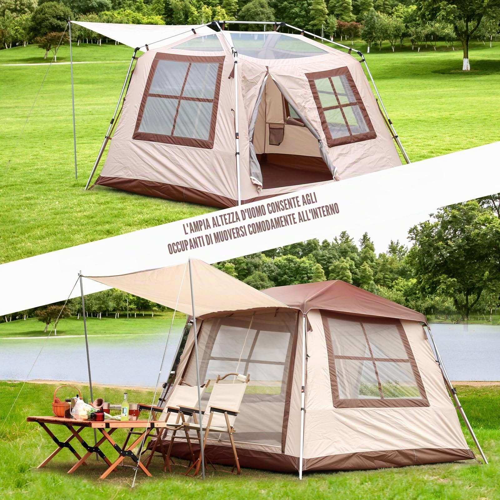 Chihee Tende da campeggio Tenda indipendente, Tenda per famiglia con veranda 2 porte 3 finestre a rete Facile installazione immediata,Telaio ultra resistente Altezza fino a 170 cm Ottima vista