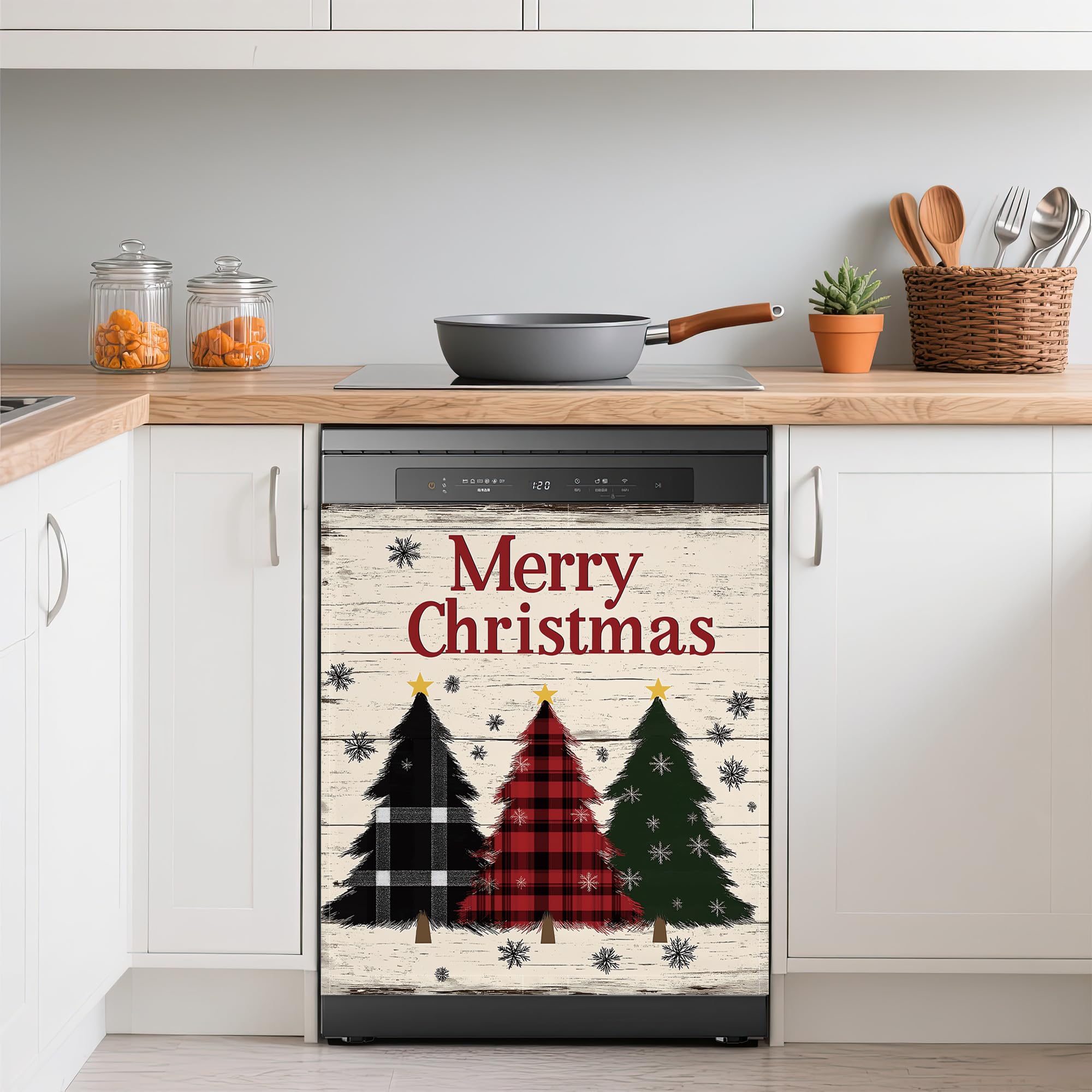 Christmas Trees Dishwasher Magnets Decorative Cover,Rustic Wood Board Waterproof Magnetic Dishwasher Cover Panel,Refrigerator Magnet Cover for Kitchen Home Decor 23x26 Inch