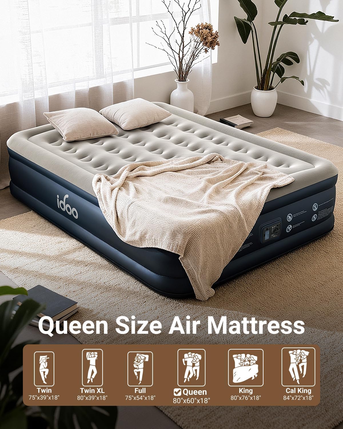 iDOO Queen Air Mattress with Built in Pump, 18 Raised Comfort Inflatable Mattress Blow up Mattress, Upgraded Four Chamber Portable Air Bed for Camping, Guests and Home, Colchon Inflable, 650 lbs Max