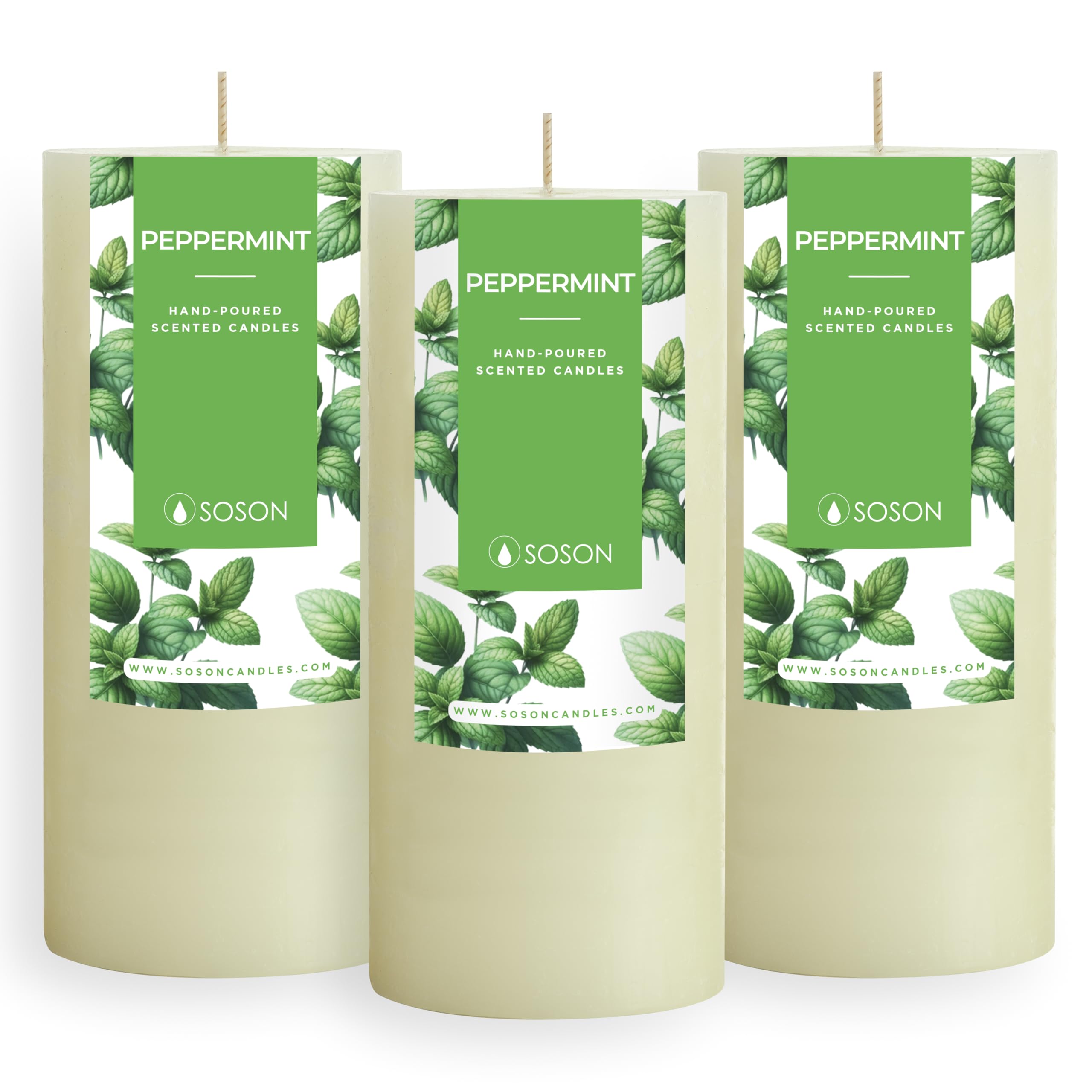 Simply Soson Peppermint Scented Candle Set - 3x6 Ivory Pillar Candles for Home, Aromatherapy, Women