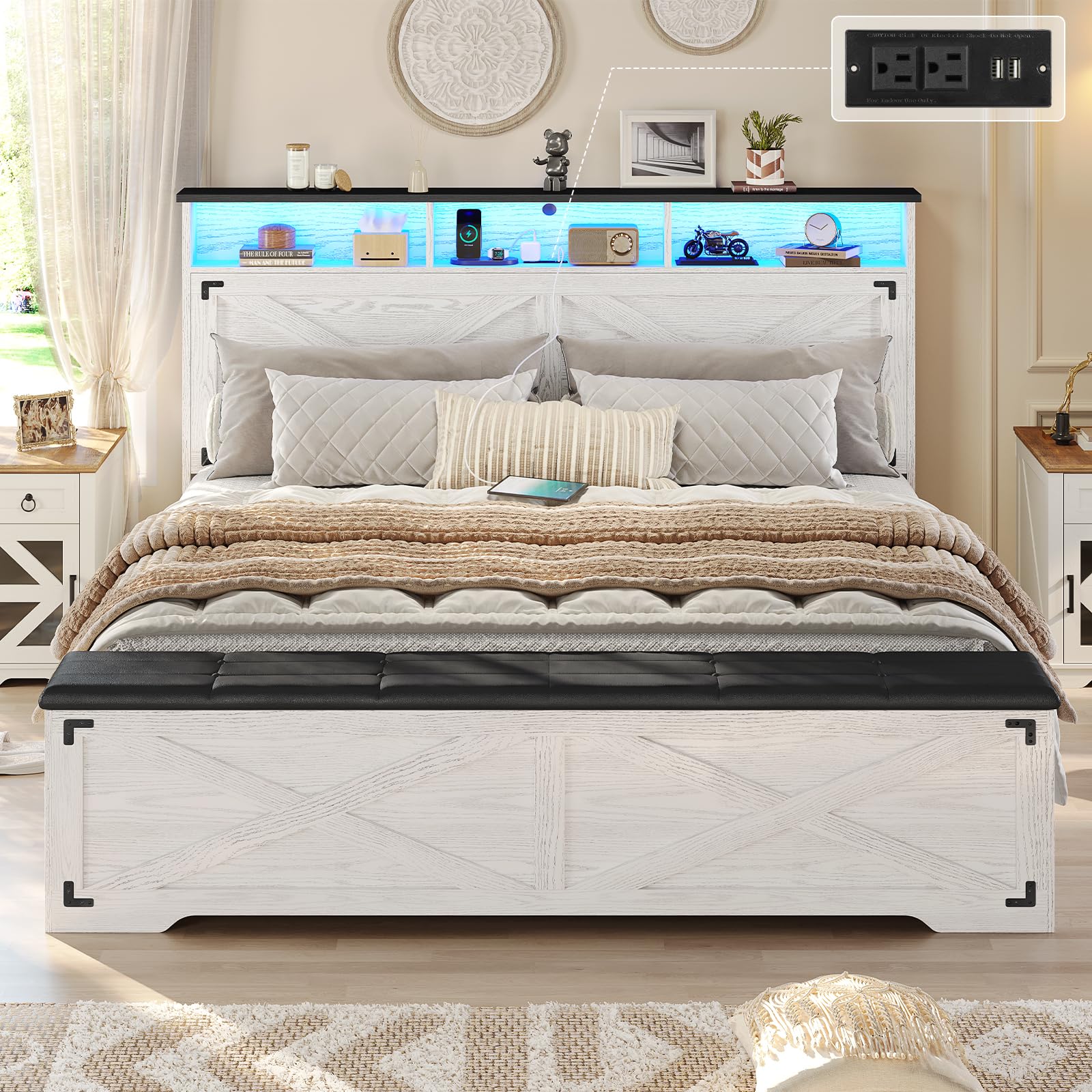 Hasuit Queen Size Bed Frame with Storage Ottoman, Farmhouse Bed Frame with Charging Station and Led Light, Headboard with Storage Rack, Metal Slats,