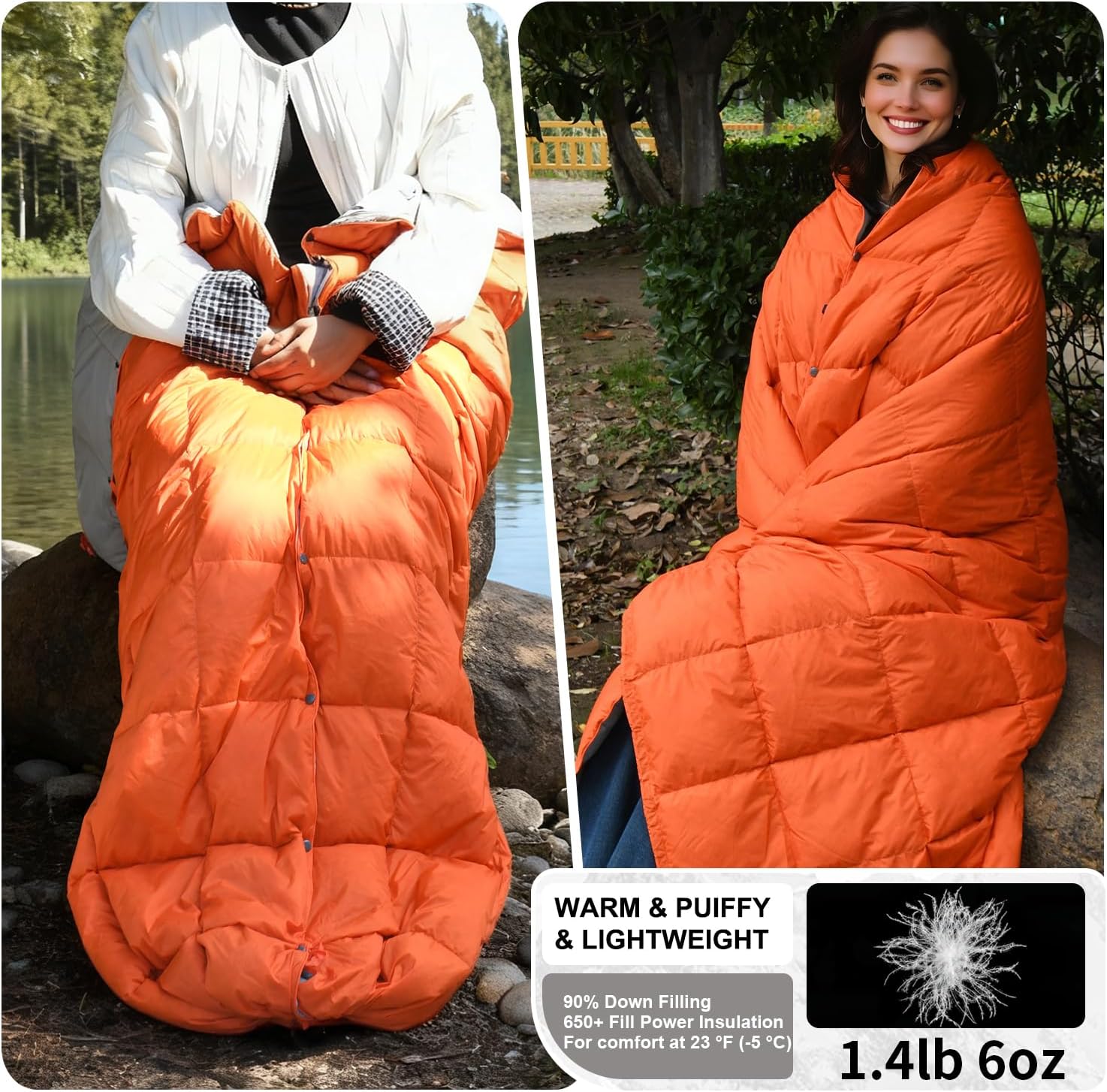 Down Camping Blanket - Lightweight, Packable, Warm & Puffy Outdoor Travel Quilt for Sleep, Hiking, Backpacking, Stadium, Festivals, Water-Resistant Sleeping Bag 55"x79"