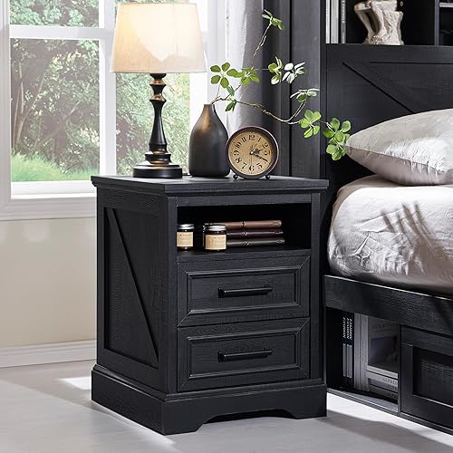 ACCOHOHO mesita de noche de 18" estilo granja con estación de carga, mesa auxiliar con 2 cajones de almacenamiento, mesa de cabecera, mueble de Negro