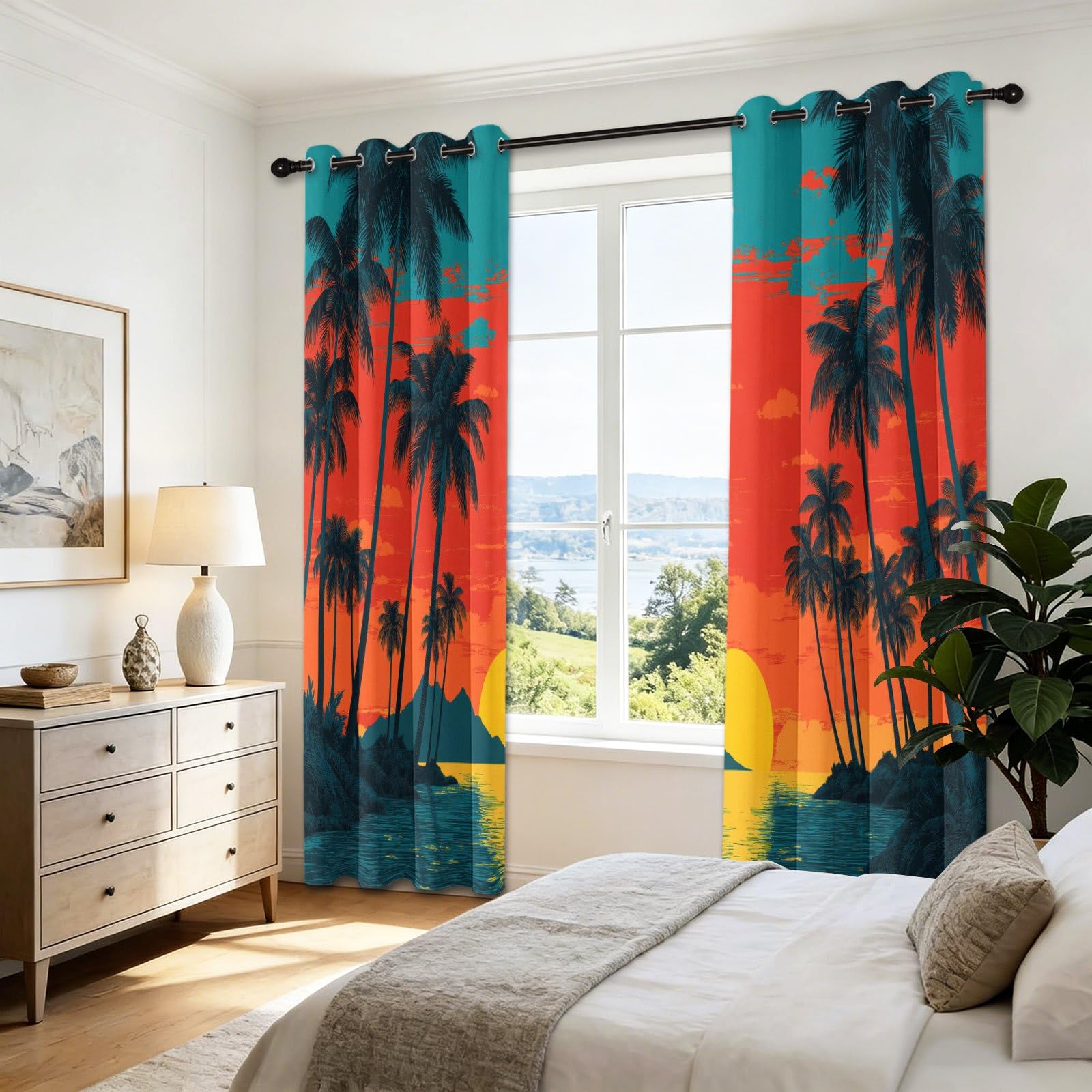 Cortinas opacas naranja 260 x 140 cm (juego de 2 unidades), con aislamiento térmico, cortinas opacas para dormitorio, cortinas con ojales, cortinas decorativas con ojales, palmeras, puesta de sol