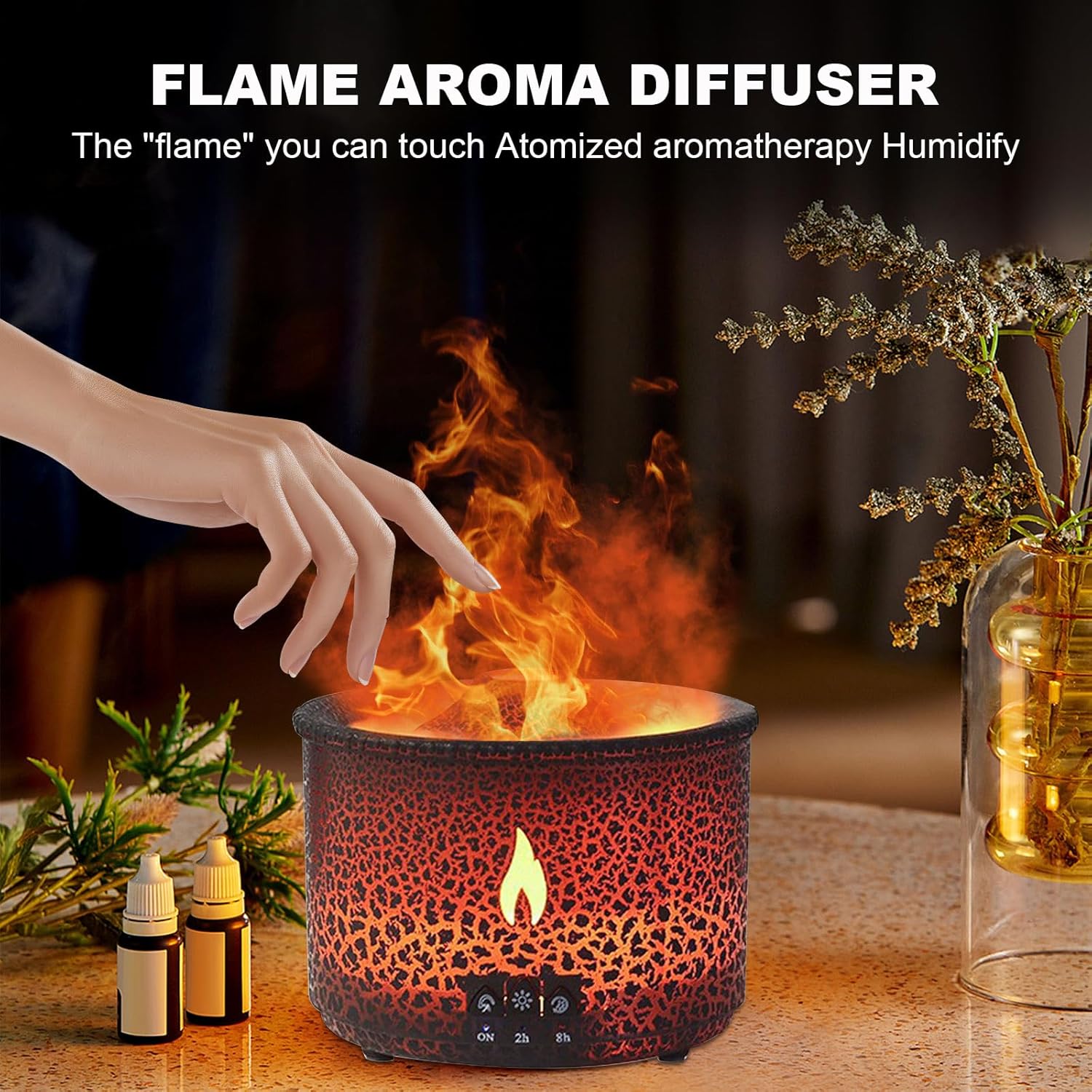 Volcano Humidifier Quiet Flame Diffuser: 300ml Spray Humidifier with 2 Modes Fire Mist Waterless Auto Shut Off Aromatherapy Diffuser with Remote Control for Bedroom Home, Office(Red & Blue)
