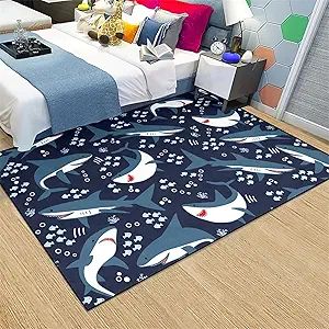 Large Sharks Rugs for Boys Kids 3D Printed Carpet for Boys Bedroom Home Decor Shark Play Rug Crystal Polyester Sea Life Fish Shark Carpet Rug Mat for Playroom Living Room Kitchen, 3'×5'