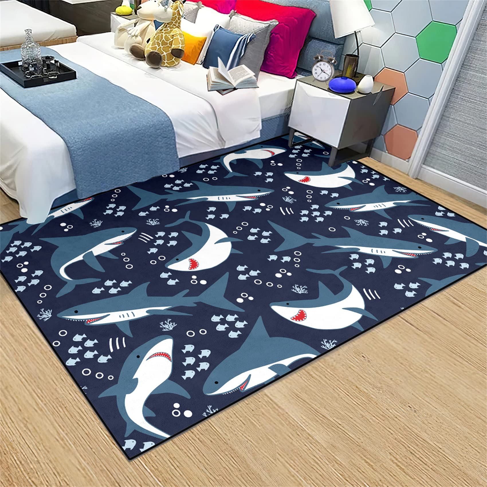 Large Sharks Rugs for Boys Kids 3D Printed Carpet for Boys Bedroom Home Decor Shark Play Rug Crystal Polyester Sea Life Fish Shark Carpet Rug Mat for Playroom Living Room Kitchen, 3'×5'