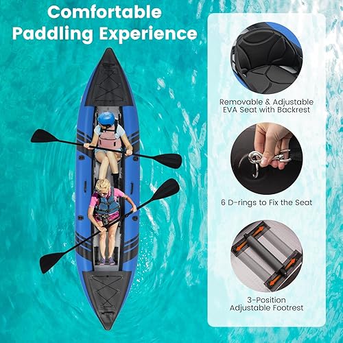 Miniatura 3 de GYMAX Kayak inflable, kayak tándem de 12.5 pies y 507 libras con 2 remos de aluminio, 2 asientos acolchados, reposapiés, 2 aletas, bomba de mano,