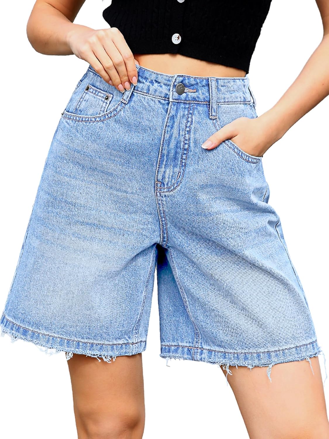 ELLEVEN Bermuda Jorts Baggy Jean Shorts - Casual Loose Fit Wide Leg Knee Length Denim Shorts with Elastic Waist