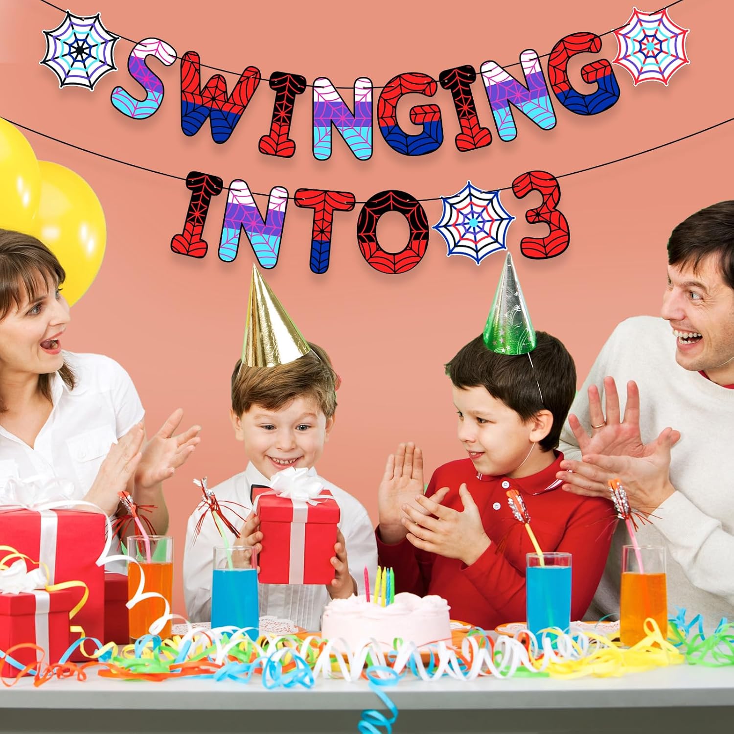 TaoBary Spider Theme 3rd Birthday Banner, Pre-strung Swinging into 3 Banner, Spider 3rd Birthday Decorations Party Supplies for Kids, Third Decor for 3 Year Old Boys Girls(Family Colors)