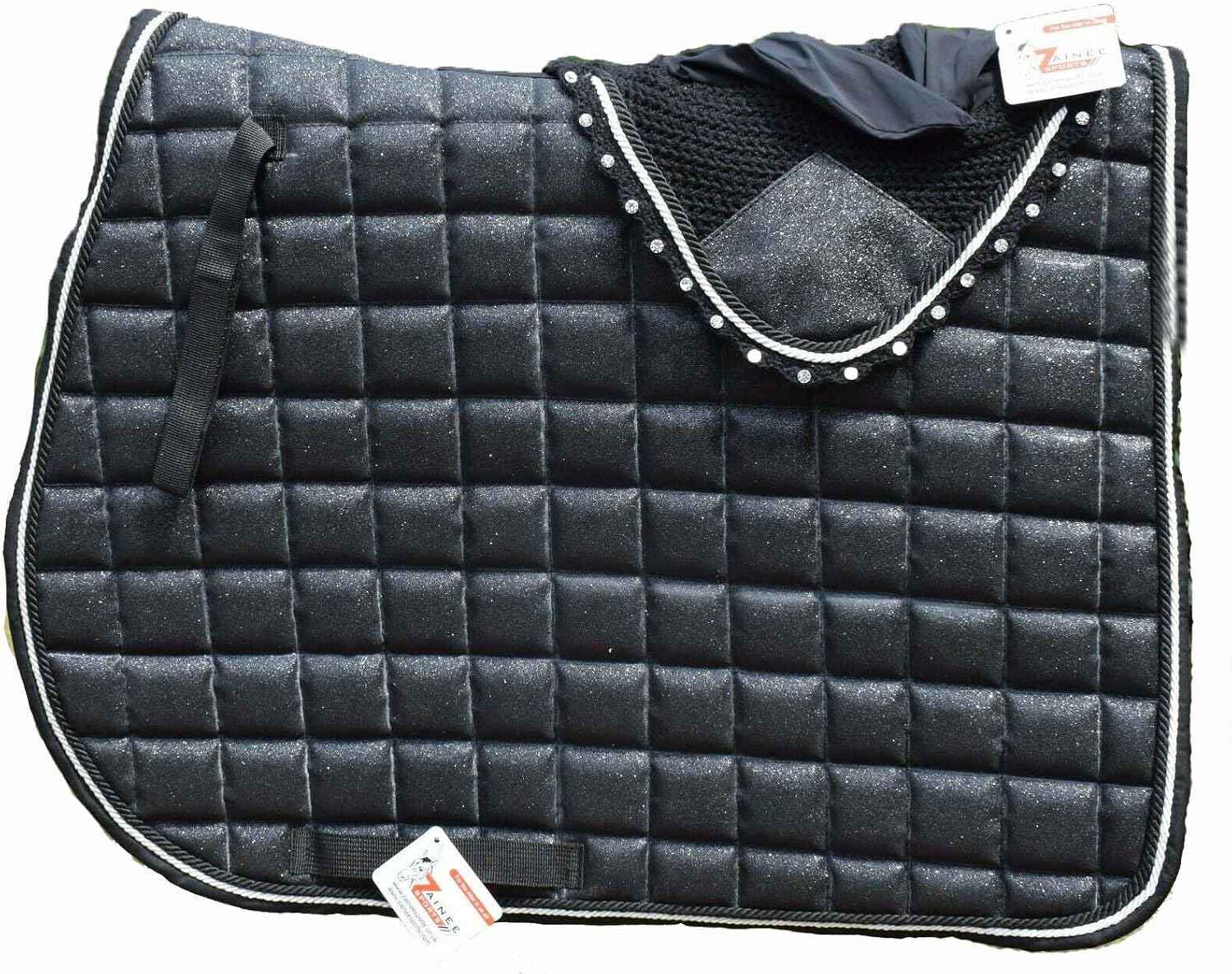Black Glitter Saddle Pad Set Matching Ear Bonnet | Equestrian Show Gear | Horse Riding Matchy Set | Dressage or Jumping/Hunter