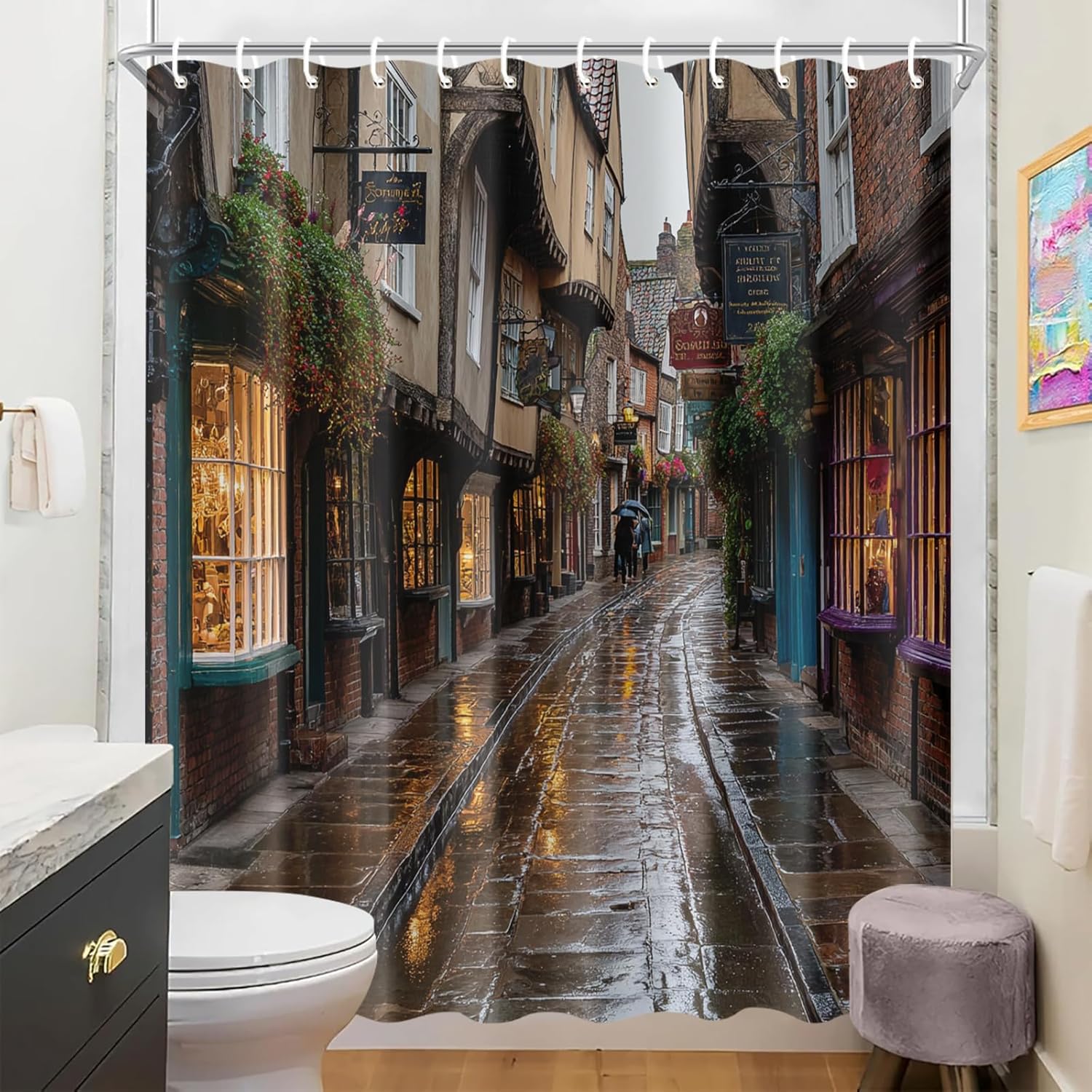 Rainy Alley Shower Curtain 72x72 Inch with Hooks Vintage European Street Scene Fabric Bathroom Decor with Cobblestone Road and Shop Windows for Travelers Book Lovers Urban Bathtub