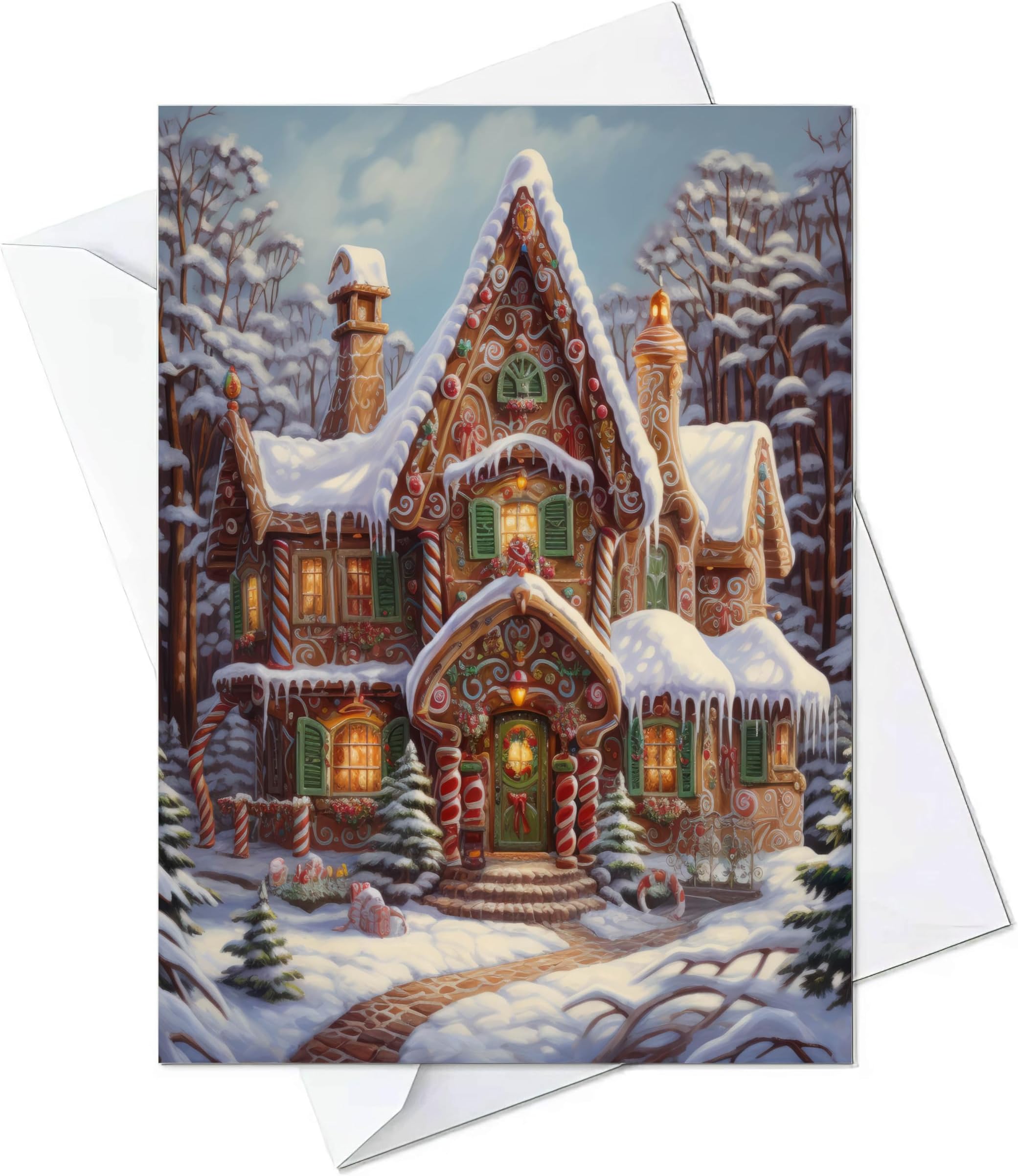 Gingerbread House Greeting Cards - Chirstmas Cards with Envelopes - (Set of 10) Large 5.8 x 8.3 inch Folded Card Blank Note Cards (Pack of 10, Gingerbread House)